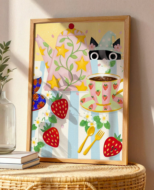 A whimsical pastel illustration of a cat peeking behind a teapot at a strawberry tea party. Cozy cottagecore kitchen decor for cat and tea lovers.