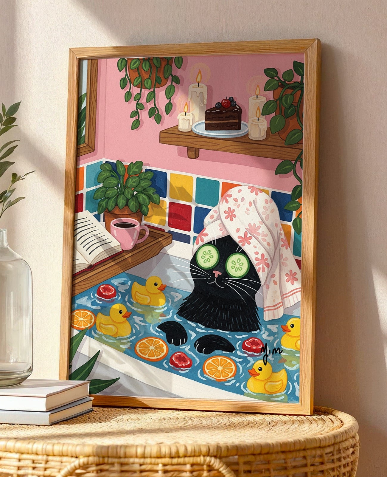 Illustration of a black cat relaxing in a bathtub with cucumber slices on its eyes, surrounded by rubber ducks, orange slices, floating candles, and a slice of chocolate cake on a shelf.