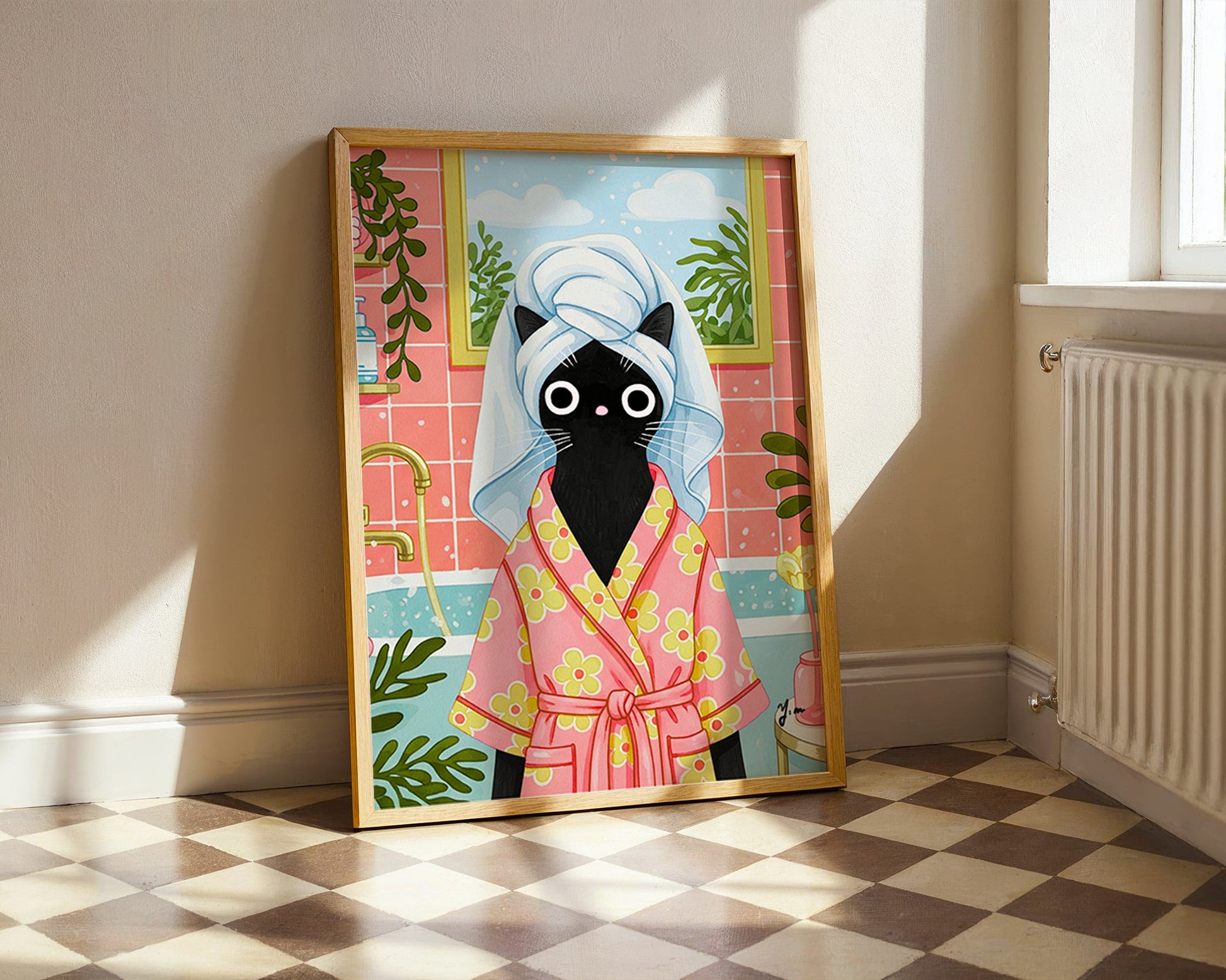 charm and humor to your space with this whimsical black cat illustration by YunaMoona. Featuring a stylish black cat in a floral pink robe with a towel wrapped around her head, this bathroom scene brings cozy spa vibes and playful energy to any room. Perfect for cat lovers and fans of quirky art, this print makes a delightful addition to bathrooms, bedrooms, or home offices. Printed with vivid colors and crisp details, it’s a great gift for cat moms and self-care lovers alike.