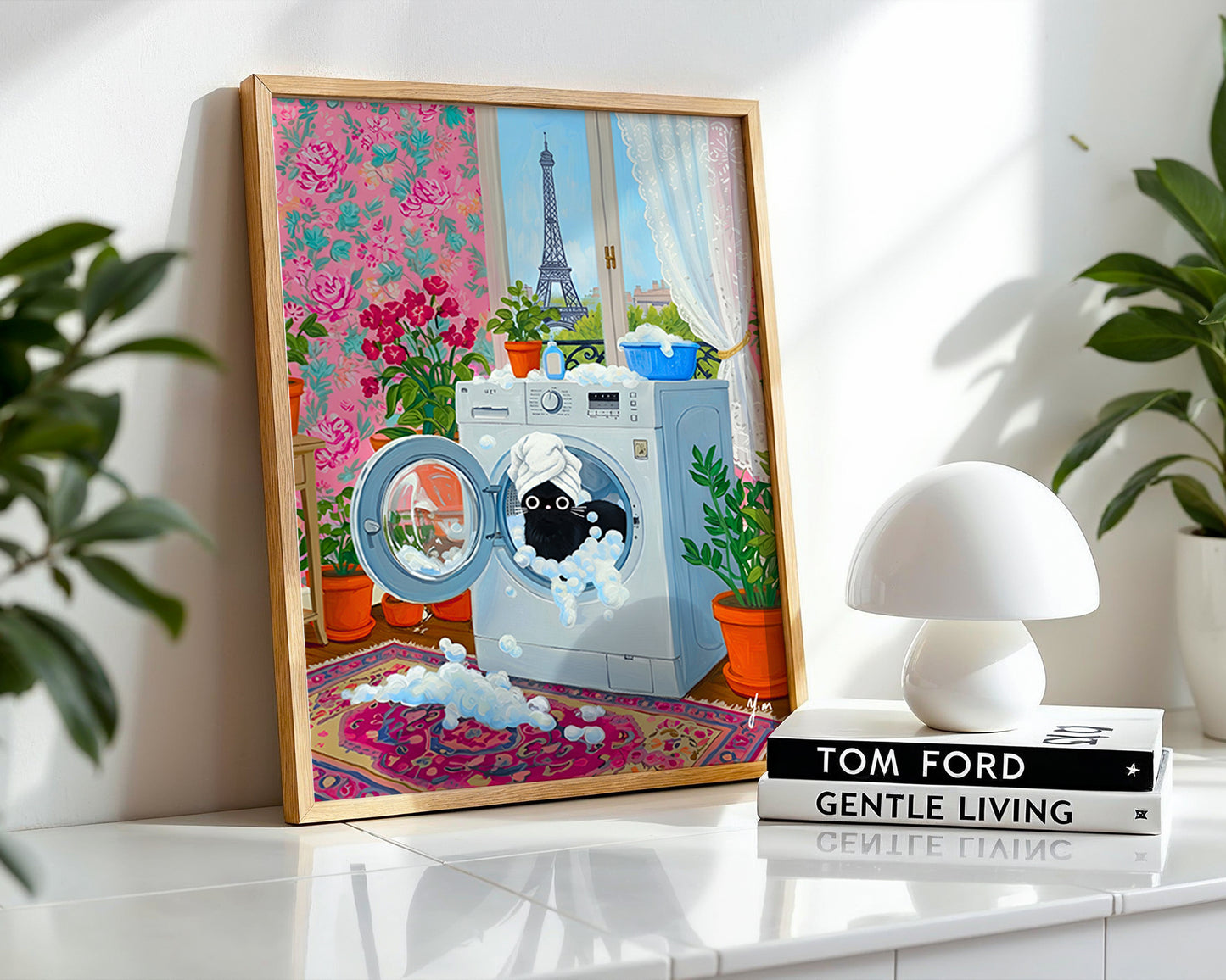 Whimsical Paris Laundry Room Art with Black Cat in Washing Machine by YunaMoona Poster