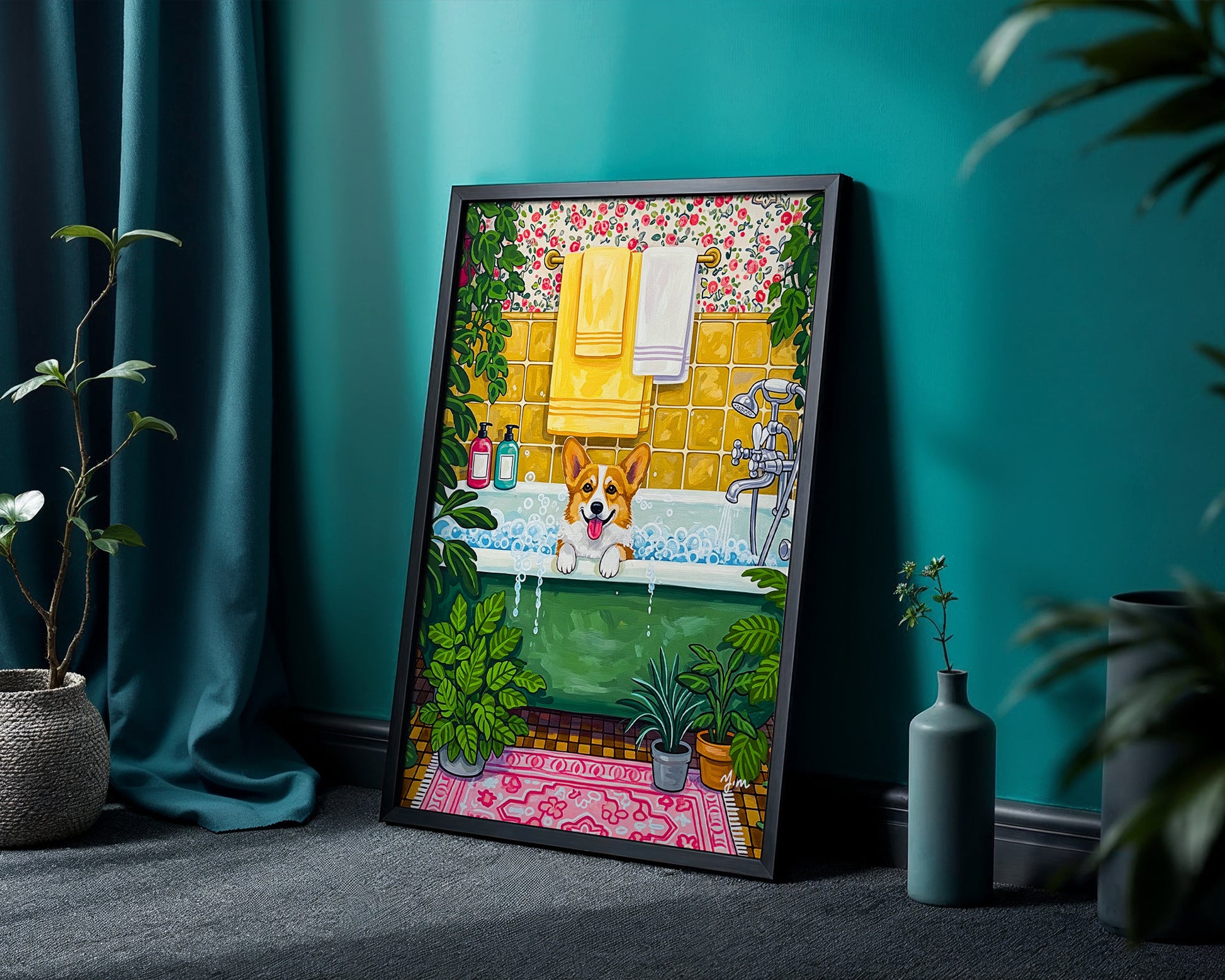 Illustration of a happy corgi taking a bubble bath in a vintage plant filled bathroom with floral wallpaper and cozy cottage details.