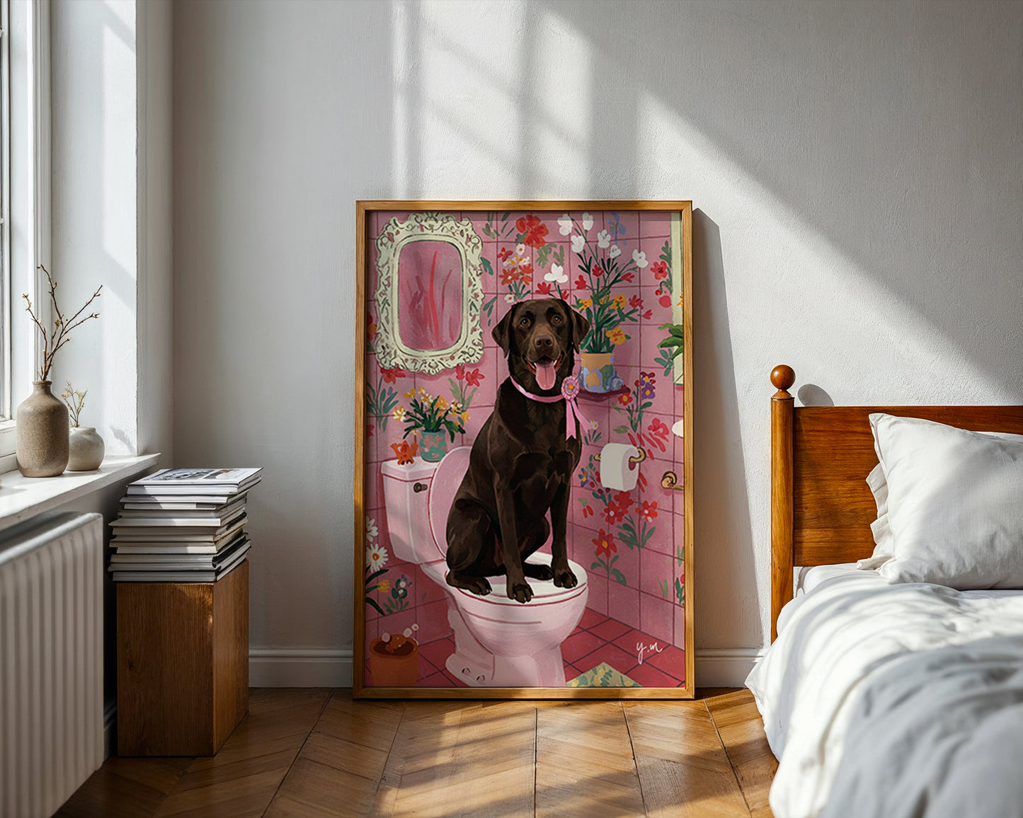 Whimsical chocolate lab bathroom art print pink floral illustration funny dog artwork home decor wall art Poster