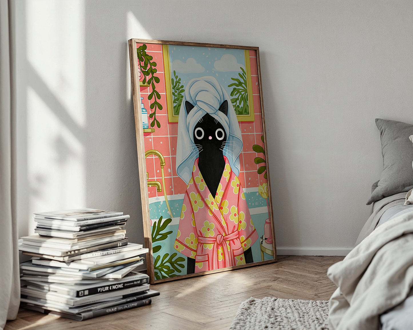 Black Cat in Flower Robe Bathroom Wall Art by YunaMoona Cute Whimsical Cat Illustration Poster