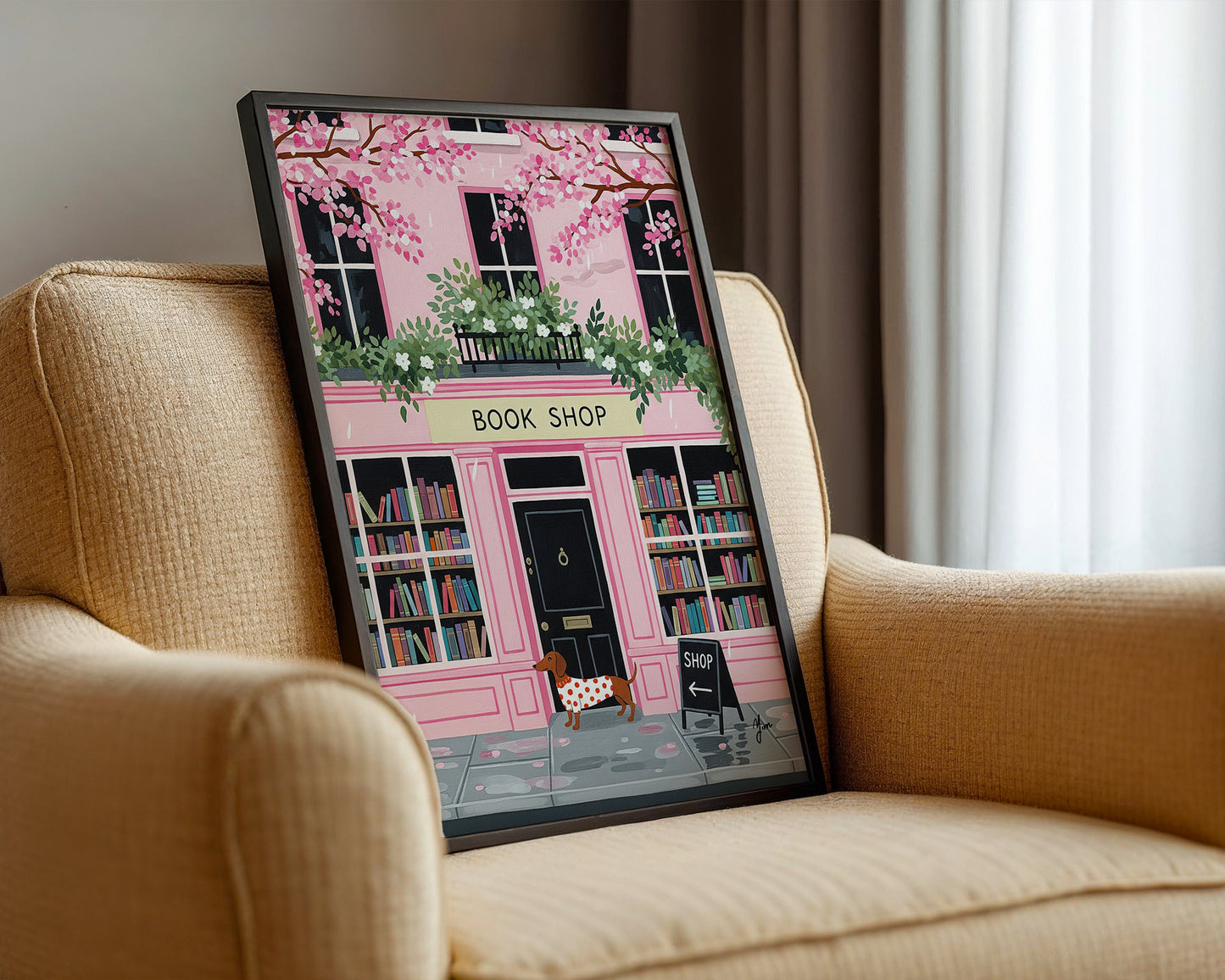 Pink Bookshop with Dachshund Illustration Spring Cherry Blossom Art Print Poster