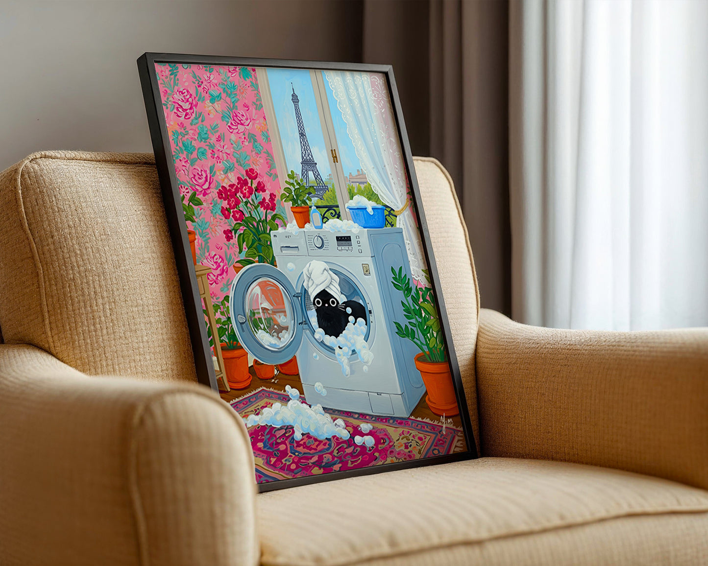 Whimsical Paris Laundry Room Art with Black Cat in Washing Machine by YunaMoona Poster