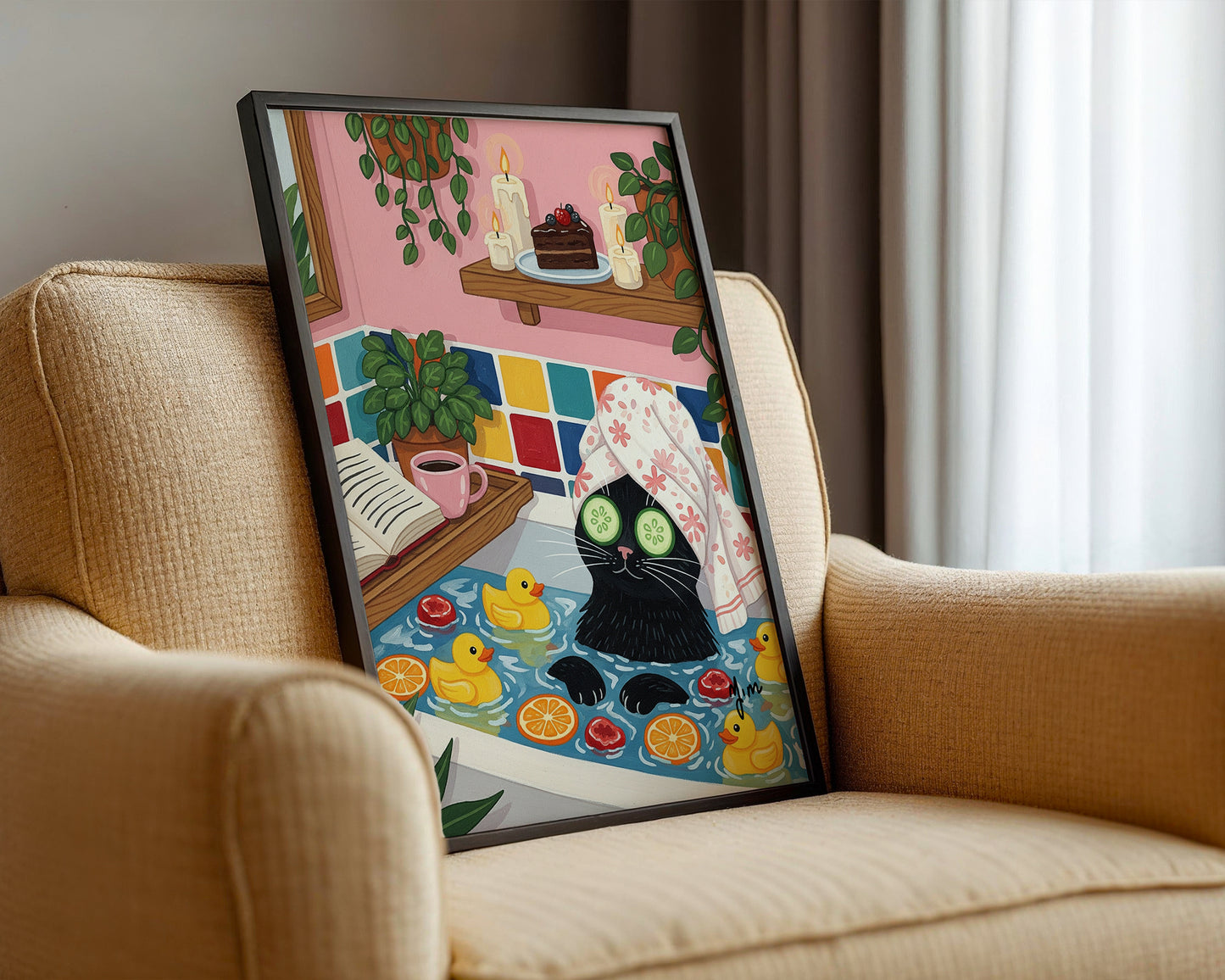 Cute Black Cat Spa Wall Art Relaxing Bathtub Illustration with Rubber Ducks Cozy Bathroom
