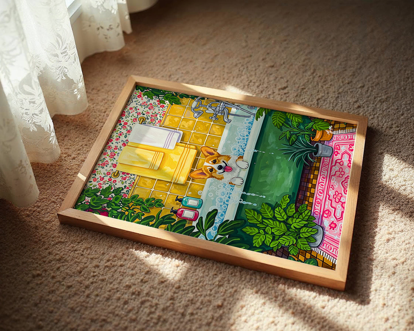 Corgi bubble bath illustration whimsical dog bathroom art cozy home decor by YunaMoona