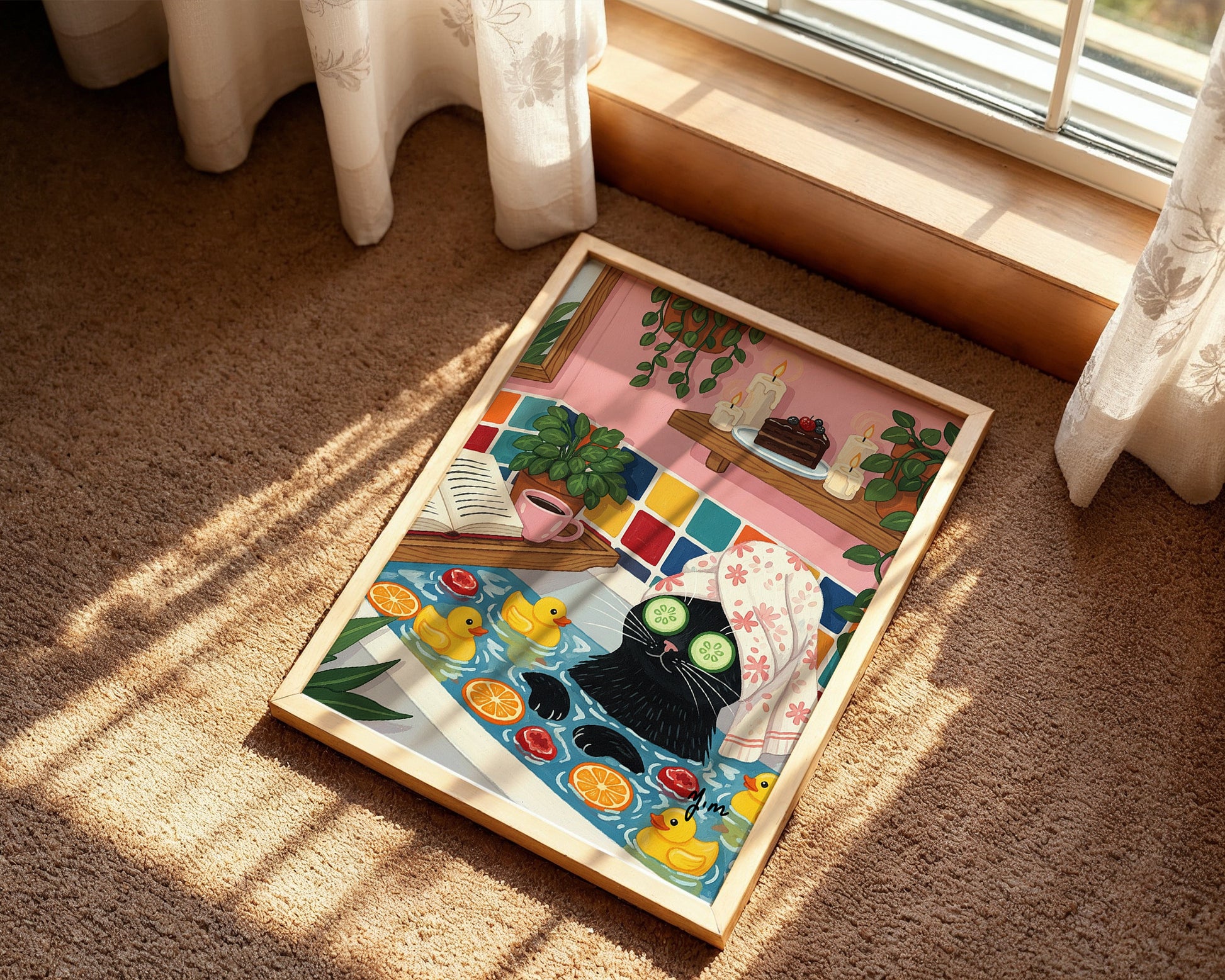 Illustration of a black cat relaxing in a bathtub with cucumber slices on its eyes, surrounded by rubber ducks, orange slices, floating candles, and a slice of chocolate cake on a shelf.