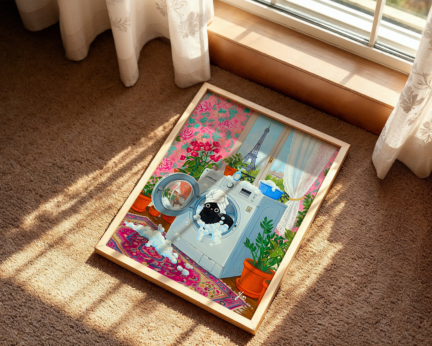 Whimsical Paris Laundry Room Art with Black Cat in Washing Machine by YunaMoona Poster