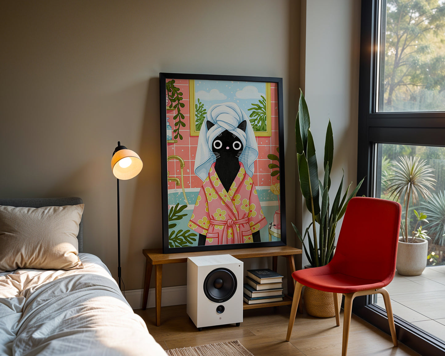 Black Cat in Flower Robe Bathroom Wall Art by YunaMoona Cute Whimsical Cat Illustration Poster