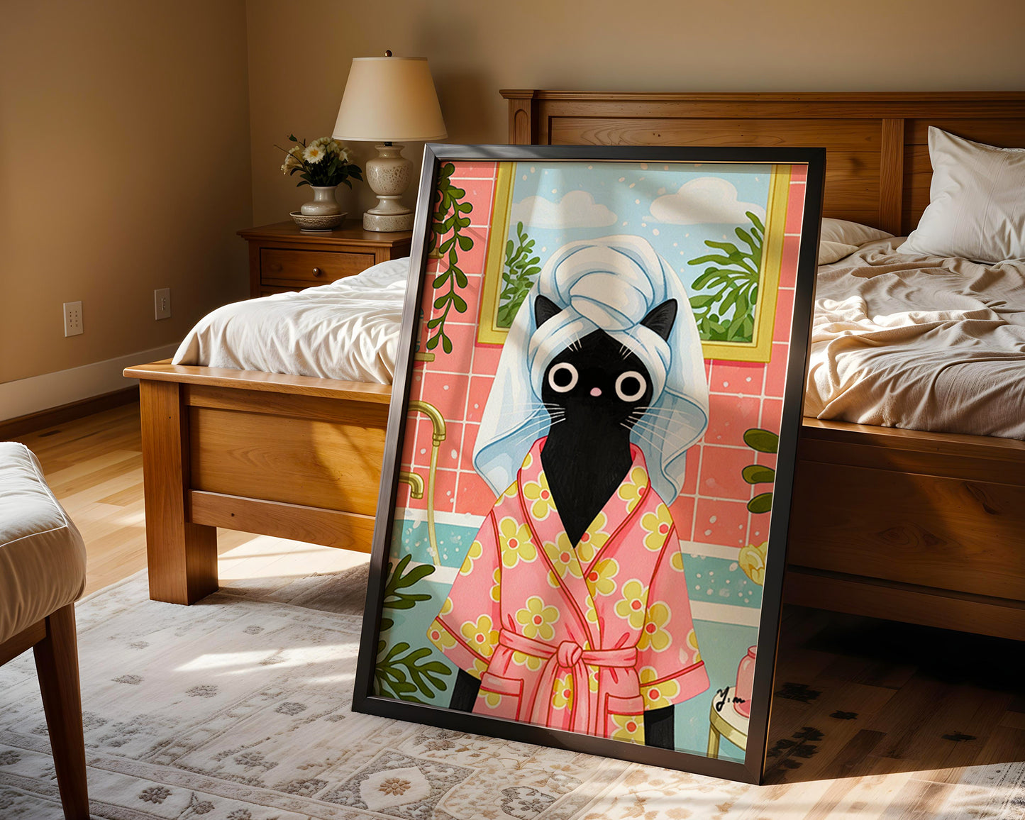 Black Cat in Flower Robe Bathroom Wall Art by YunaMoona Cute Whimsical Cat Illustration Poster