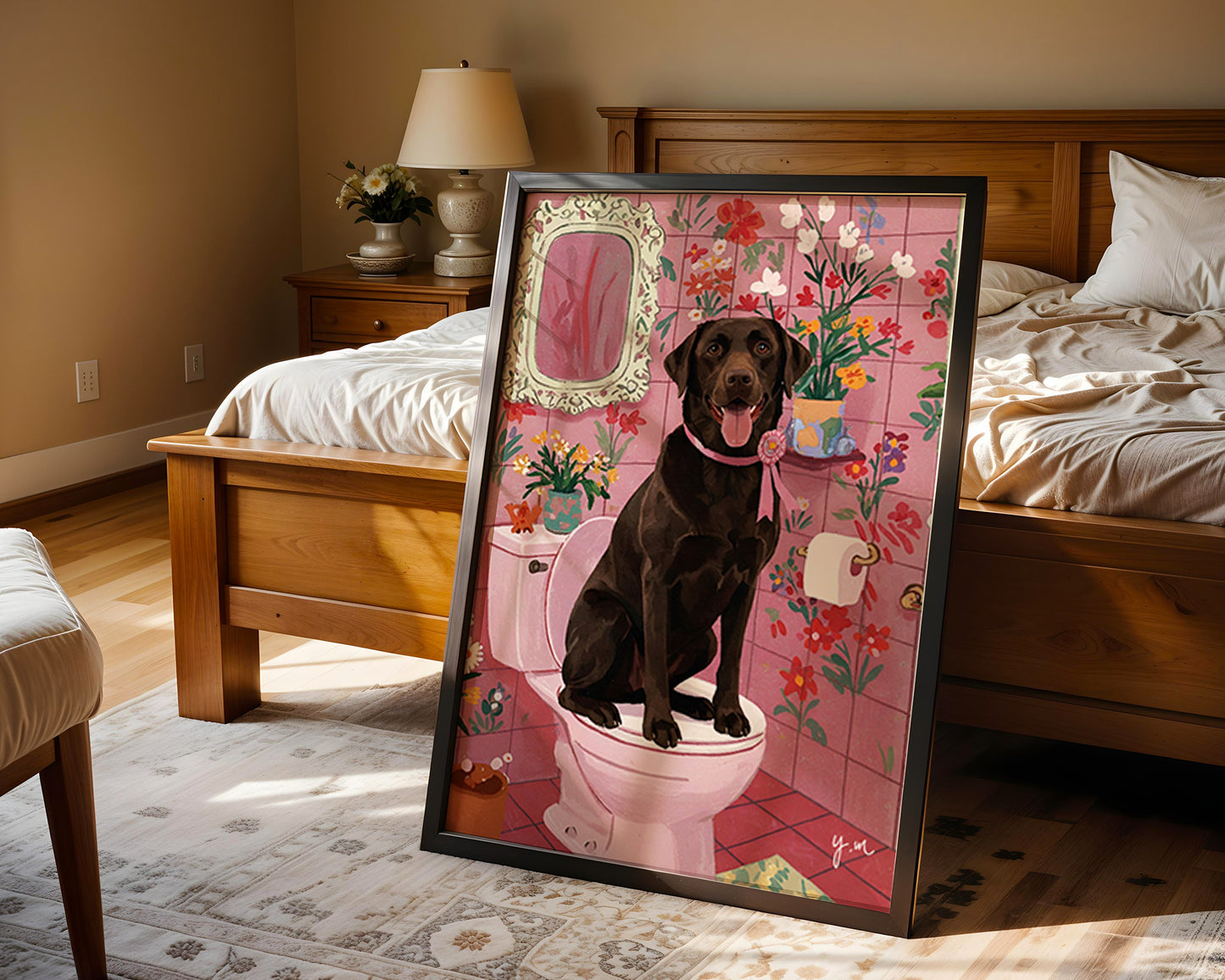 Whimsical chocolate lab bathroom art print pink floral illustration funny dog artwork home decor wall art Poster