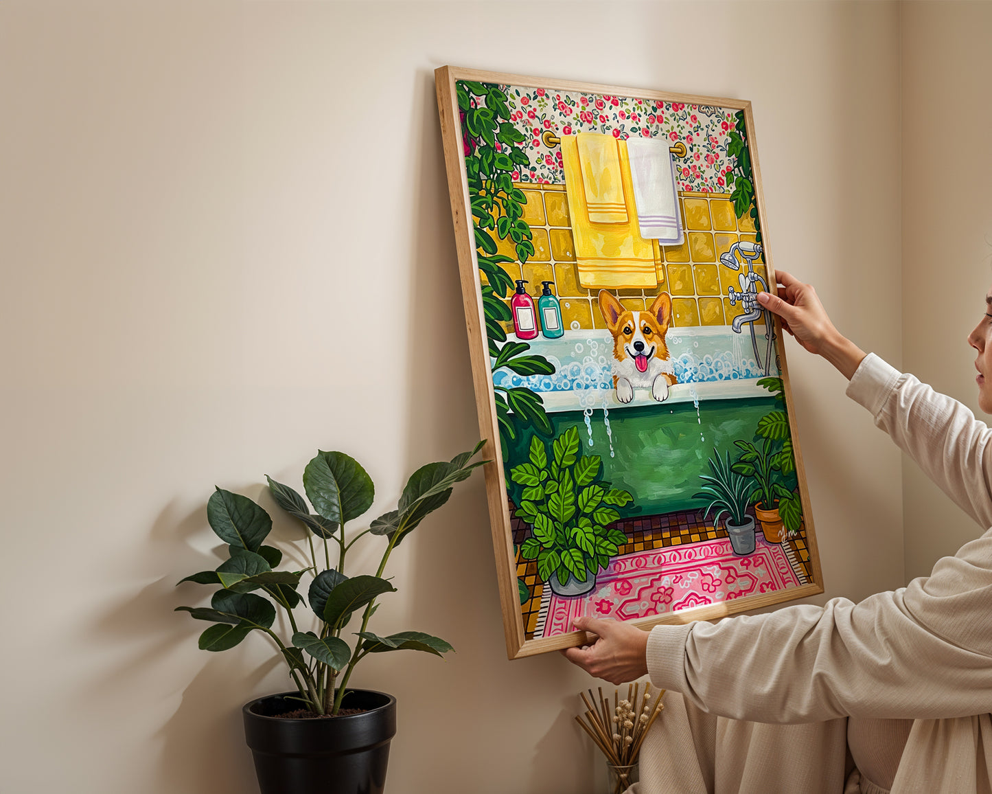 Corgi bubble bath illustration whimsical dog bathroom art cozy home decor by YunaMoona