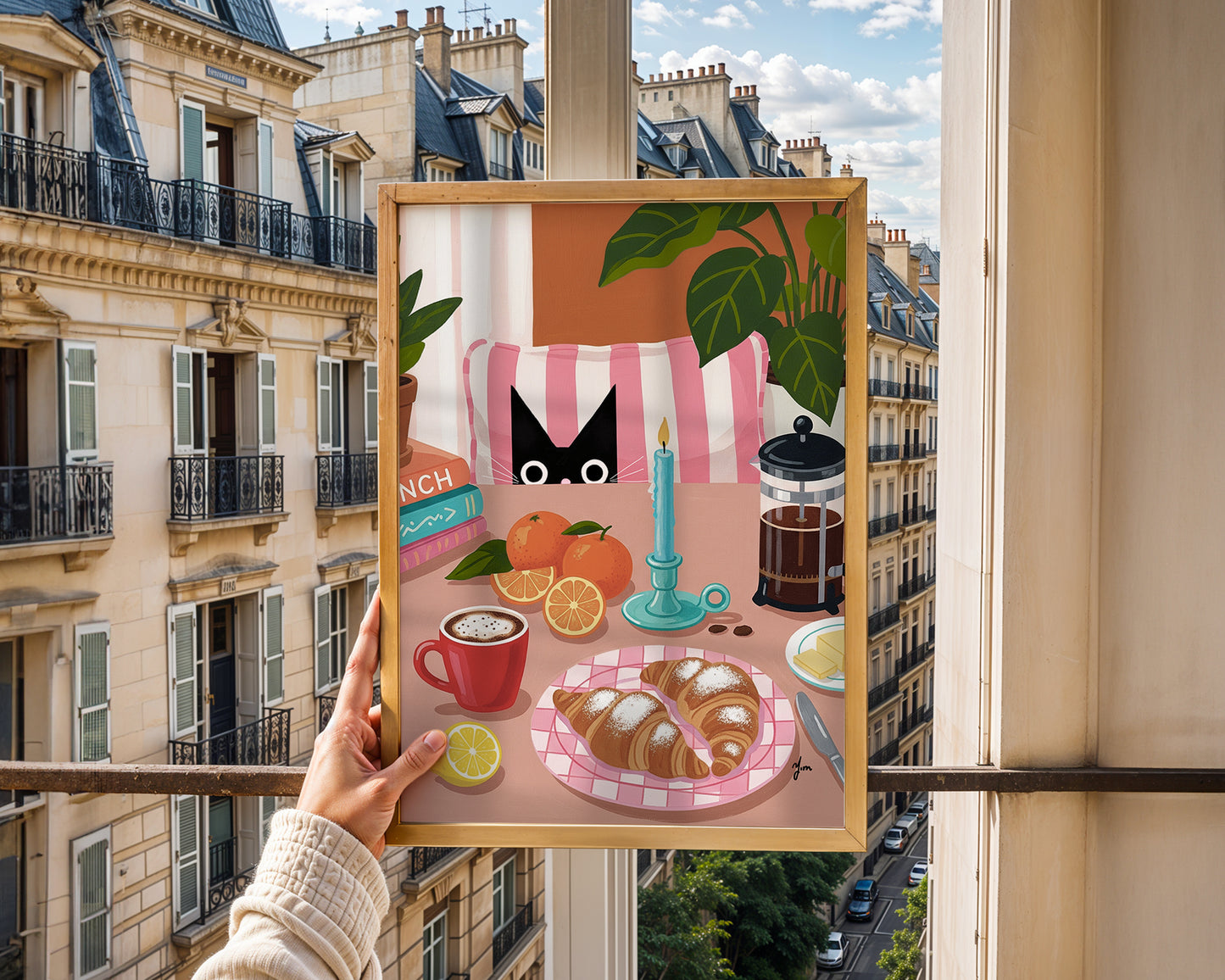 Cozy Cat Brunch Art Print with Croissants Coffee and Candle Kitchen Wall Decor by Yunamoona