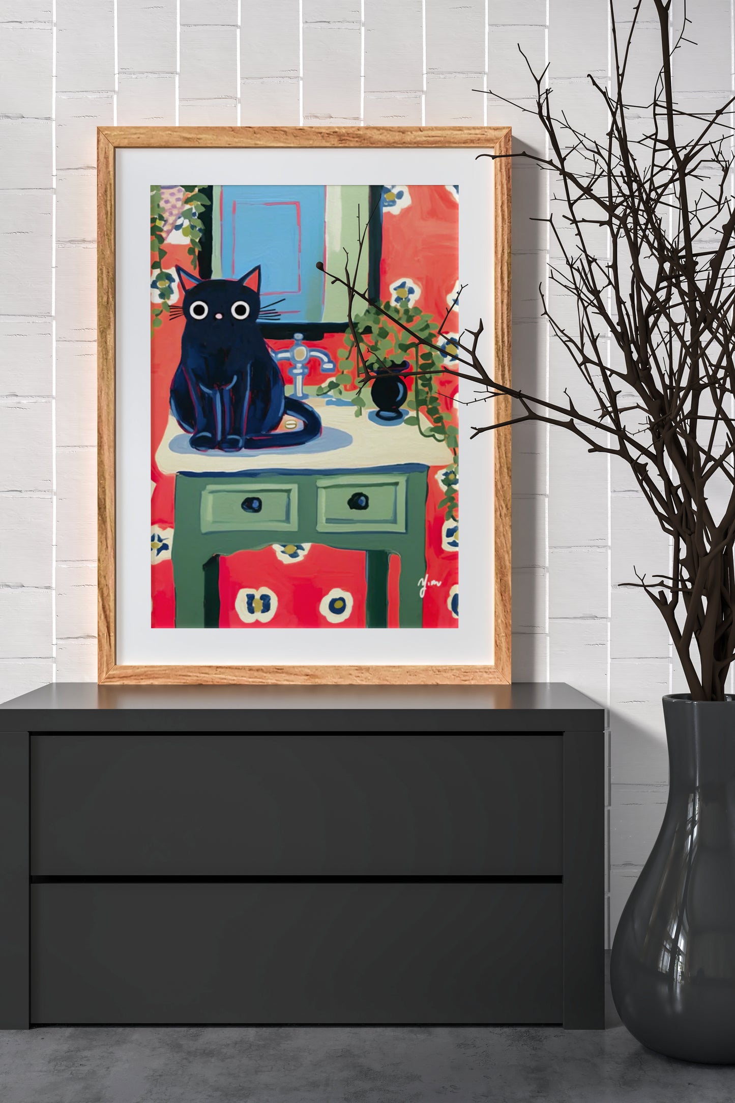 Whimsical Black Cat Bathroom Art Print with Retro Red Floral Wallpaper Print Poster