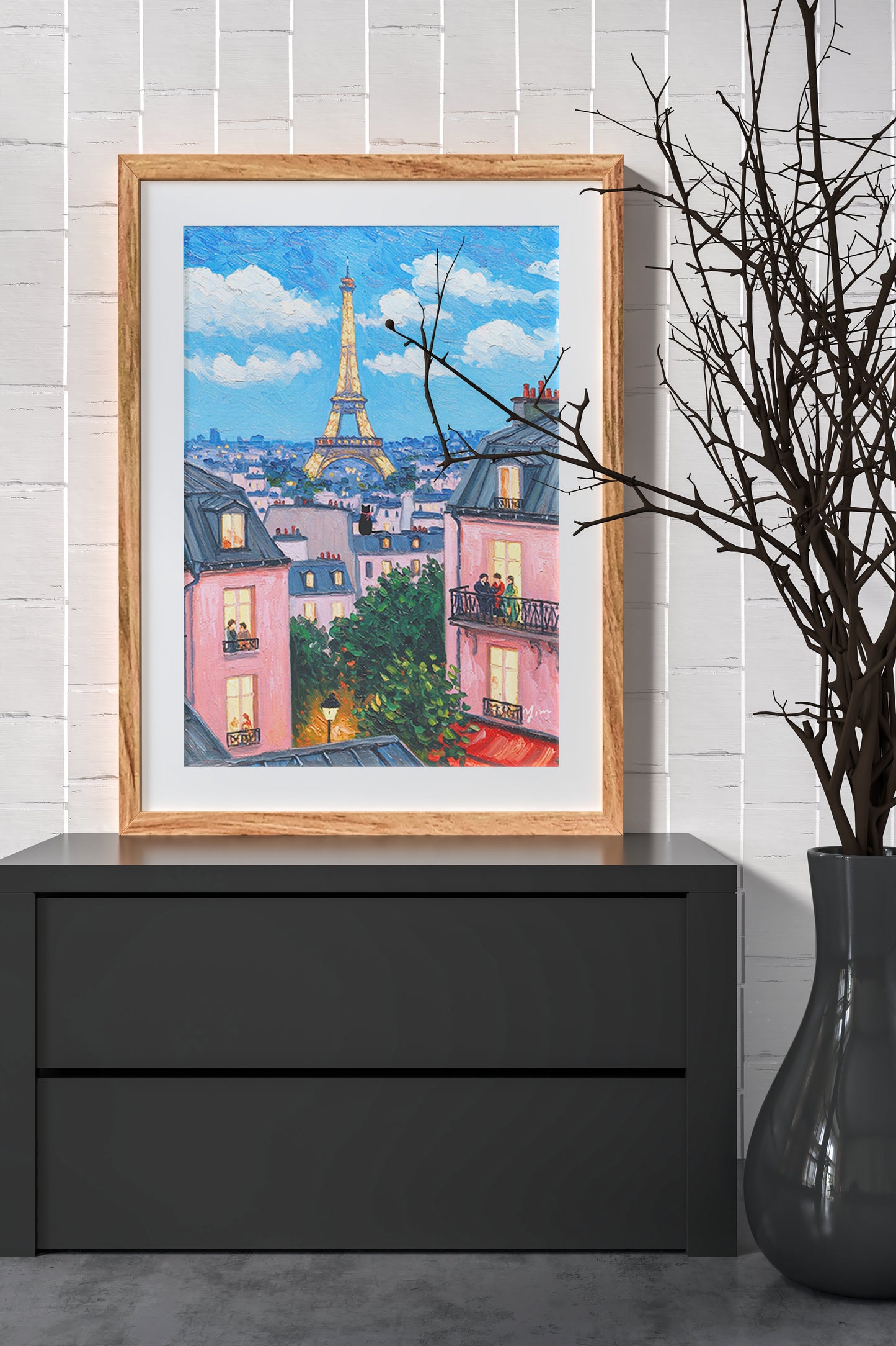 Paris Eiffel Tower Art Print Romantic Cityscape Wall Decor French Balcony Scene Poster