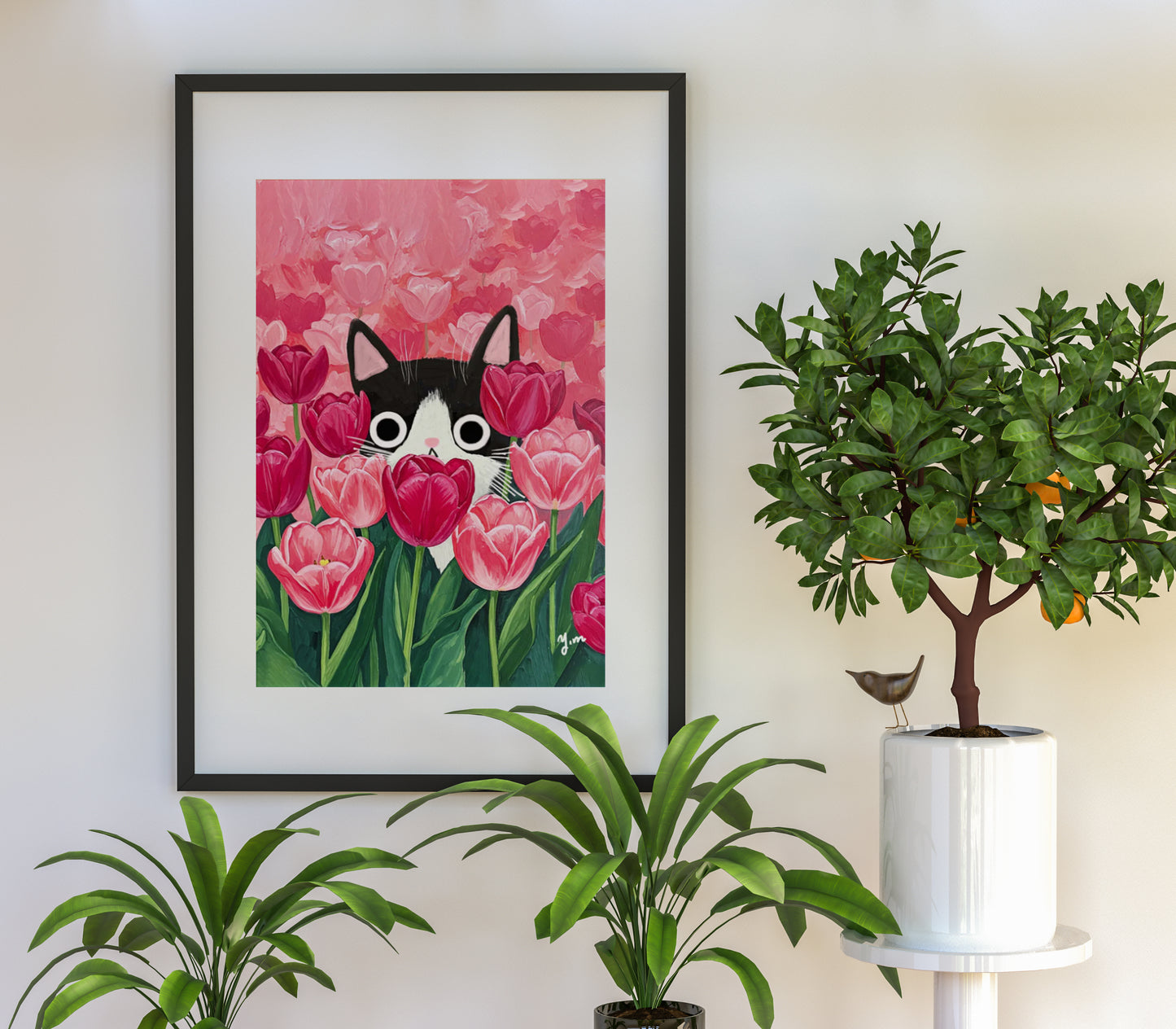 Cat Peeking Through Pink Tulips Art Print Cute Floral Wall Art for Cat Lovers Spring Nature Inspired Home Decor Botanical Animal Poster