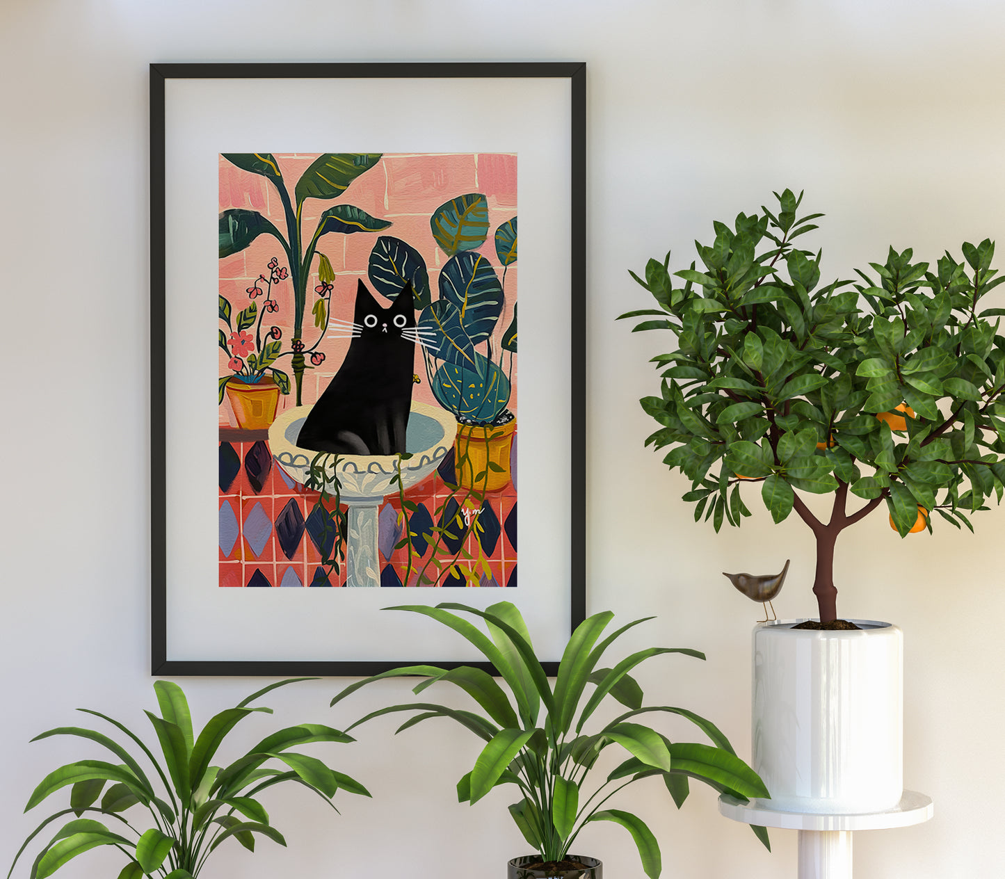 Black Cat Art Print in Tropical Indoor Garden Whimsical Illustration for Plant and Cat Lovers