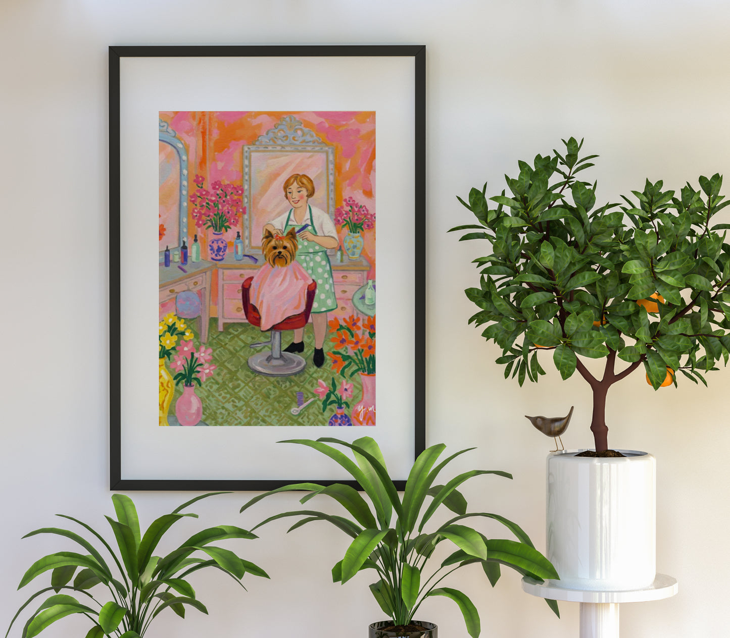 Yorkshire Terrier getting styled at hair salon vibrant pink and orange floral background cute dog art print wall decor Poster
