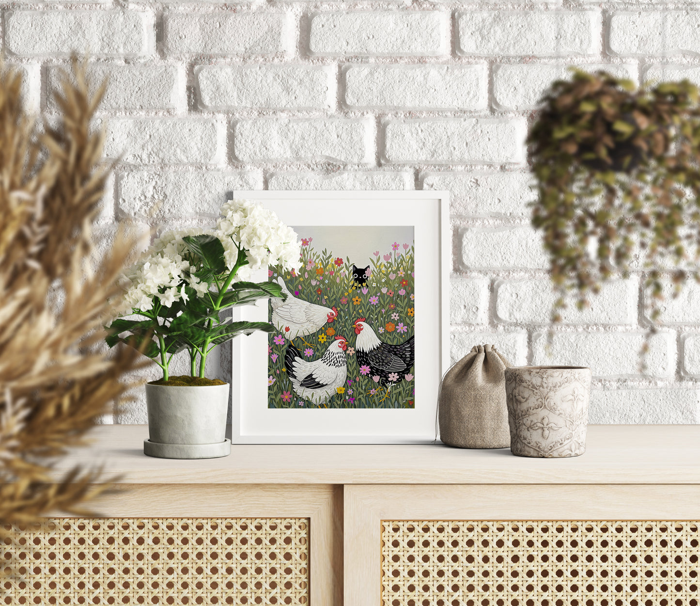 Cute Black Cat Hiding in Flower Field with Chickens – Whimsical Farm Animal Art by YunaMoona