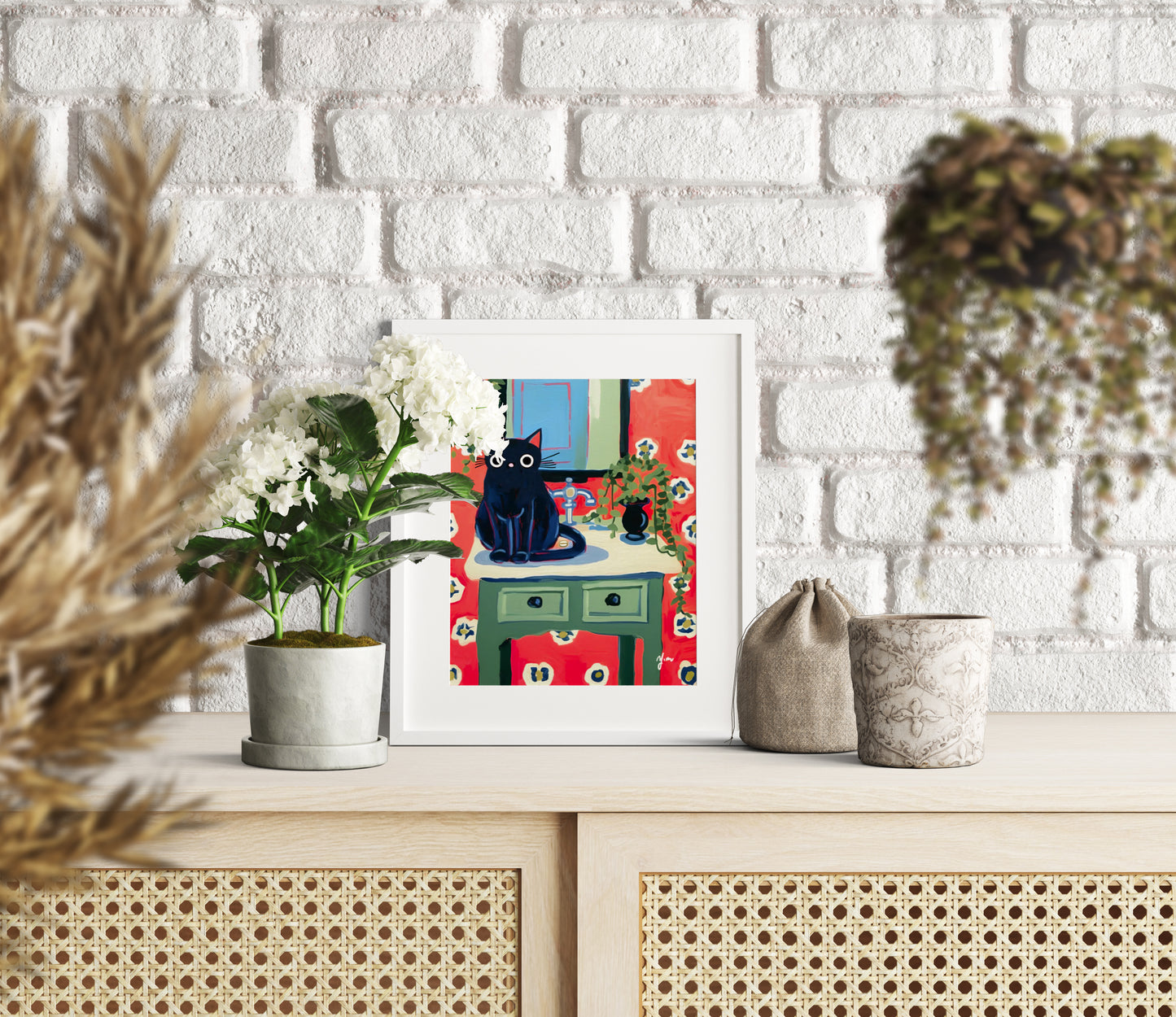 Whimsical Black Cat Bathroom Art Print with Retro Red Floral Wallpaper Print Poster