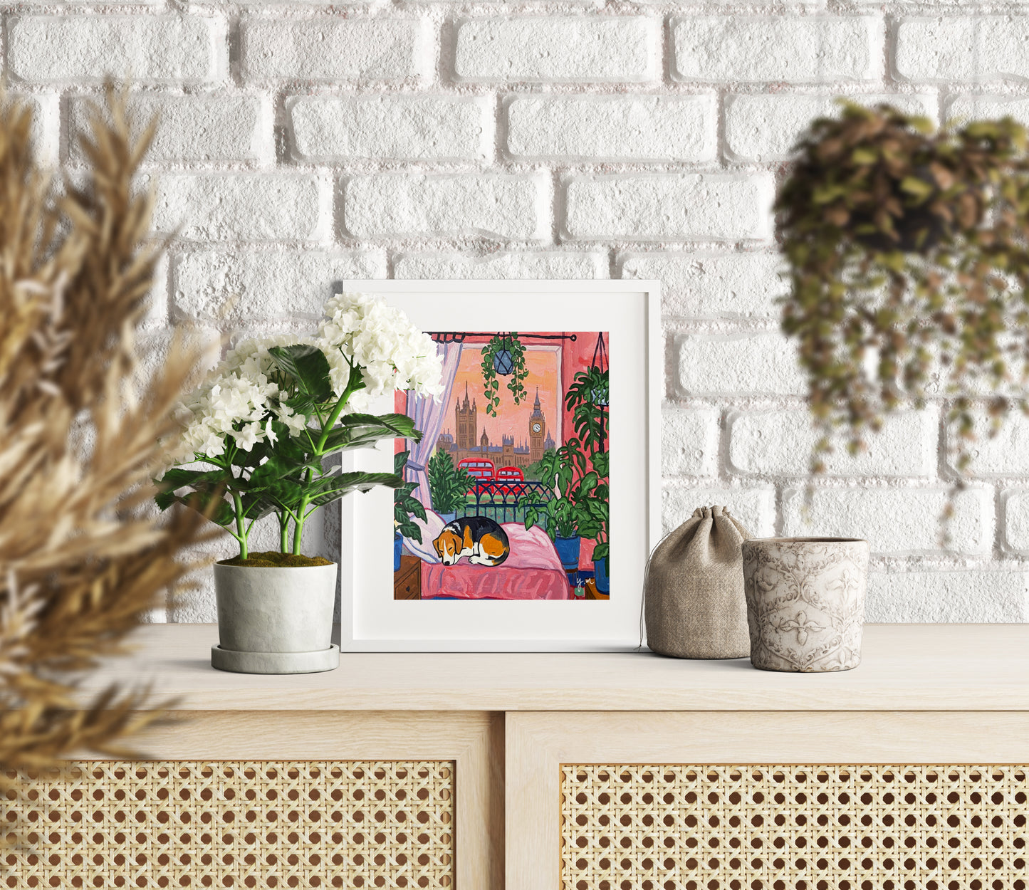 Sleeping dog on bed in a cozy plant filled room with a beautiful view of London cityscape Poster
