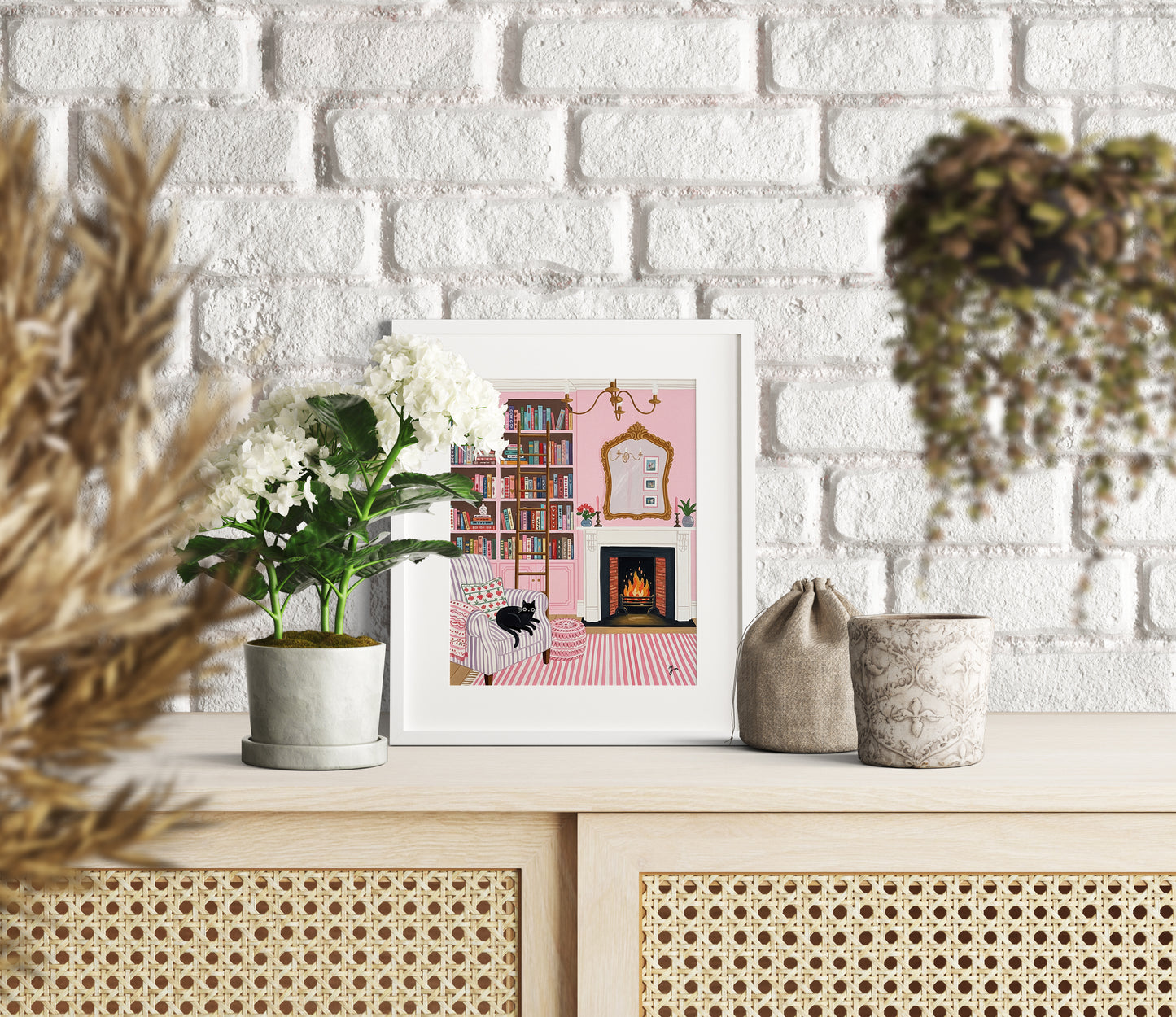 Cozy pink reading room illustration with bookshelves, fireplace, striped armchair, and a black cat resting.