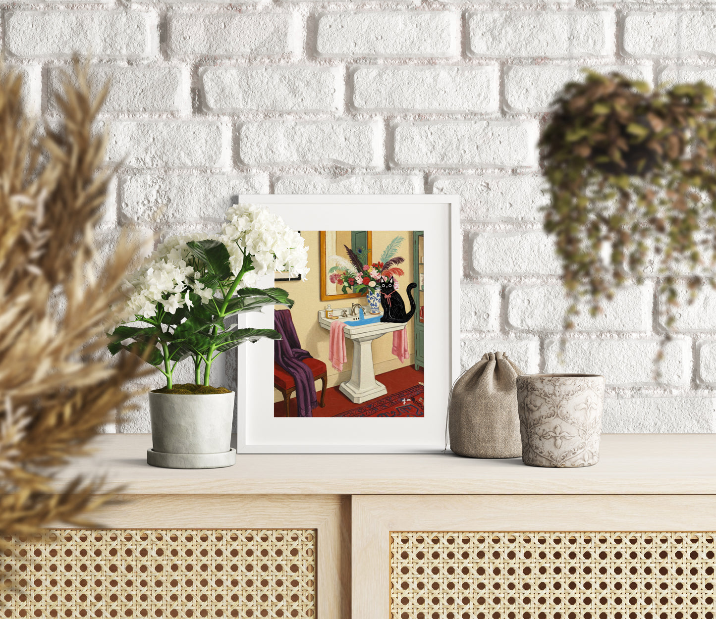 Black Cat Sitting on Sink Floral Bathroom Art Print Whimsical Vintage Interior Wall Decor with Feathers and Warm Colors by YunaMoona
