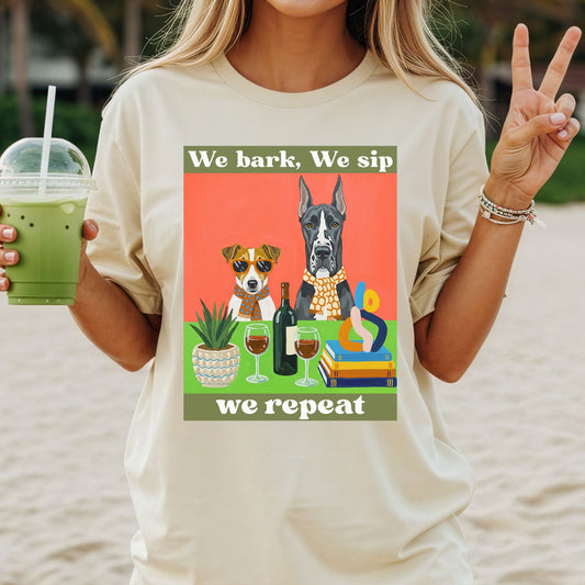 Unisex Garment-Dyed T-shirt We bark we sip we repeat dog wine t shirt funny pet lover gift unisex graphic tee for dog moms wine lovers casual comfy drinking shirt