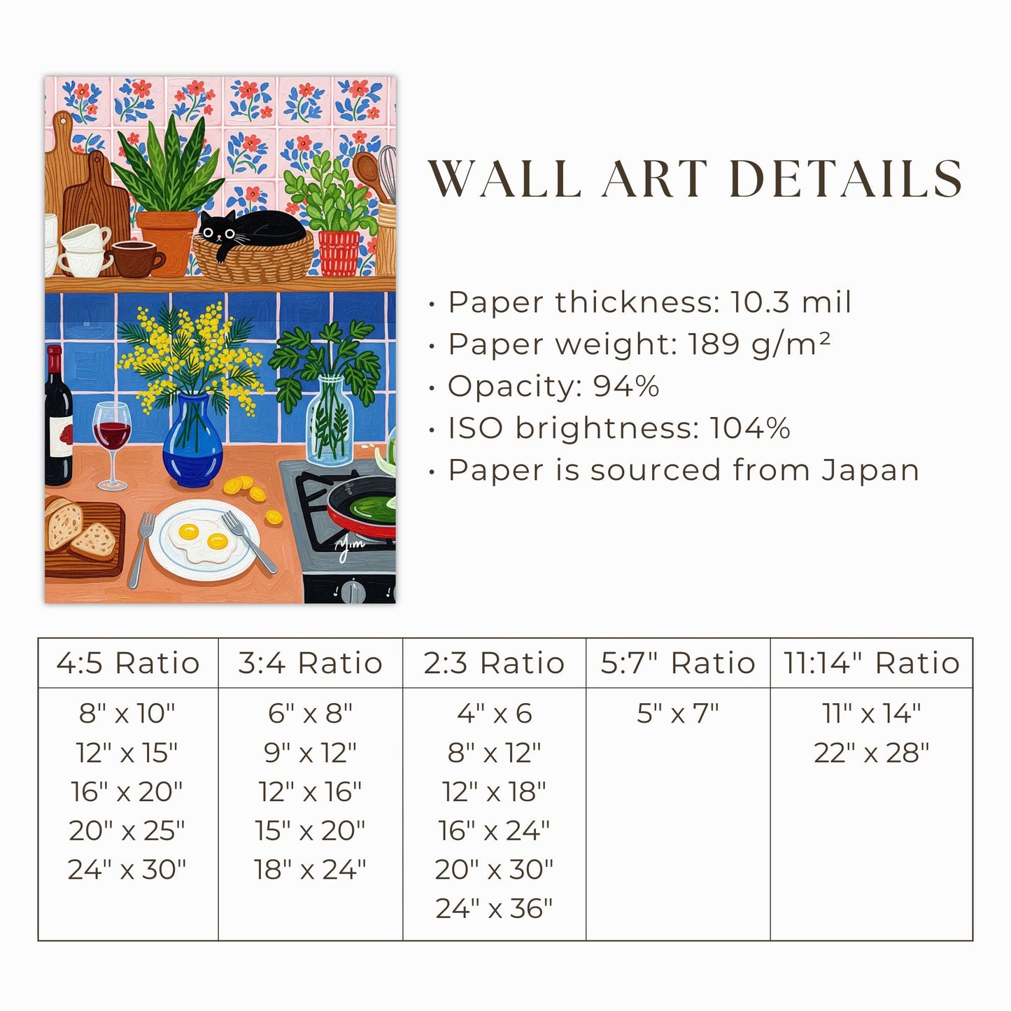 Black Cat Cozy Kitchen Breakfast Scene Rustic Floral Tile Illustration Art Print Poster