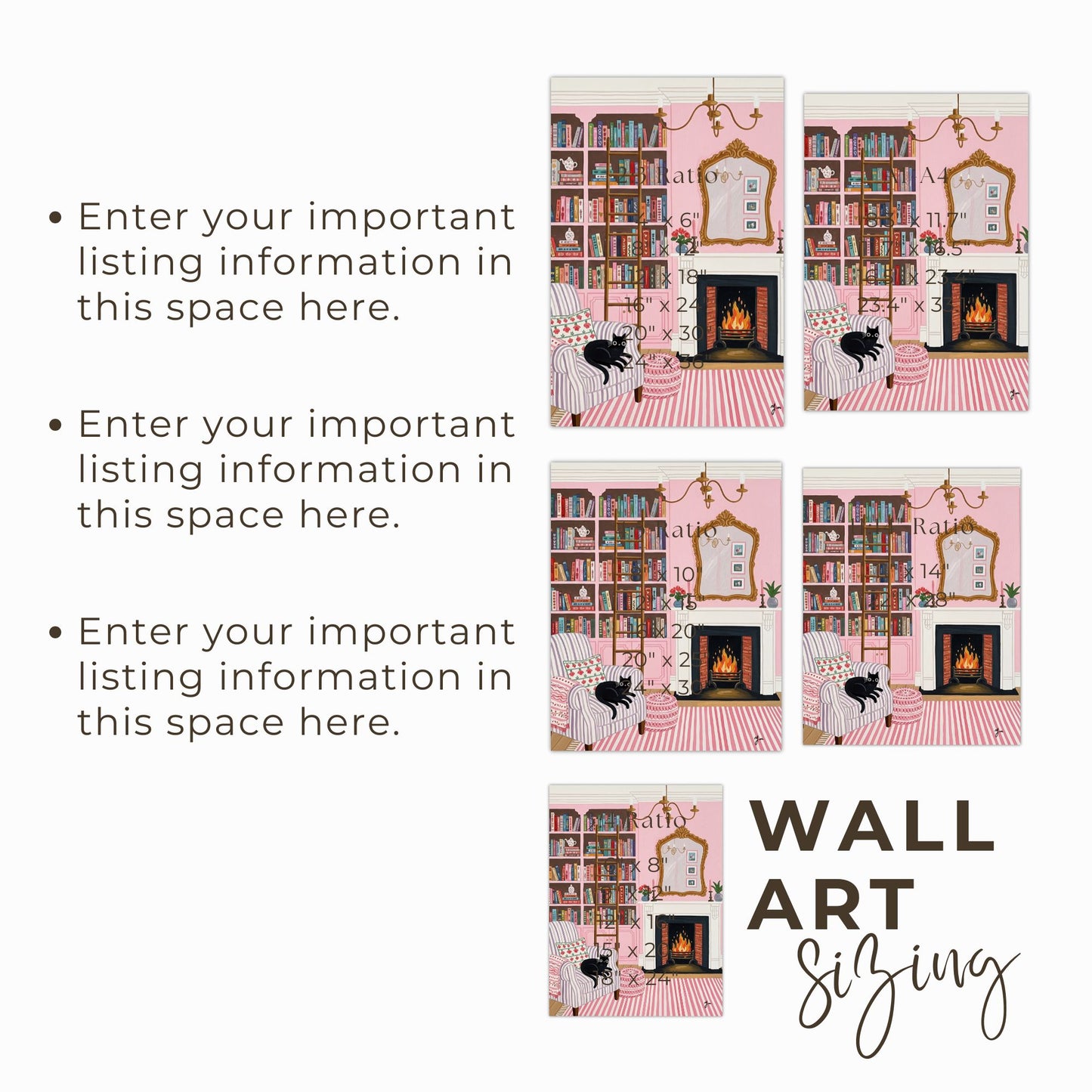 Cozy Pink Reading Room Illustration with Black Cat and Fireplace Poster