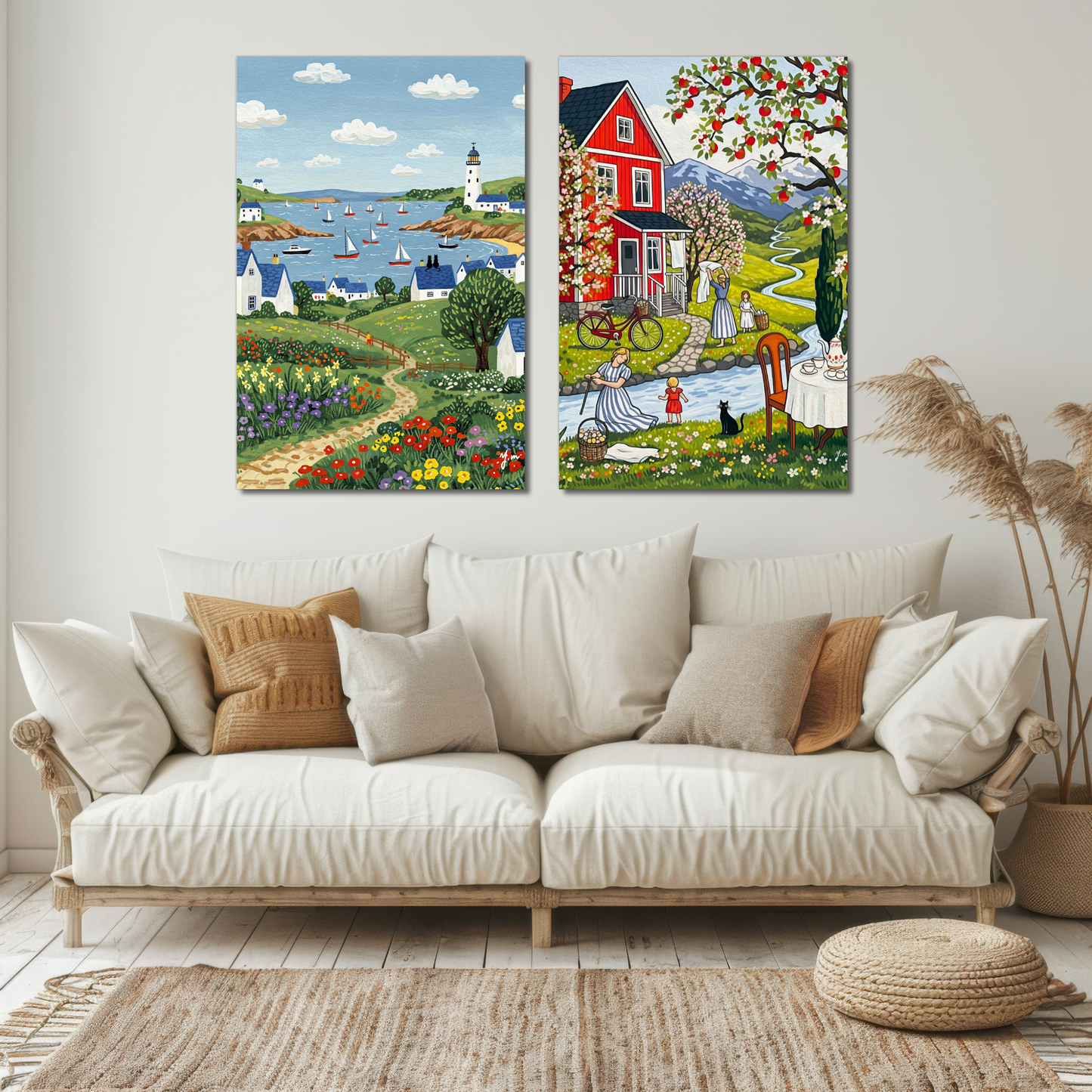 Couple Cat on the Roof Countryside Ocean Landscape Painting Countryside Sea Lighthouse Handdrawn Coastal Wildflower Field Beach Illustration