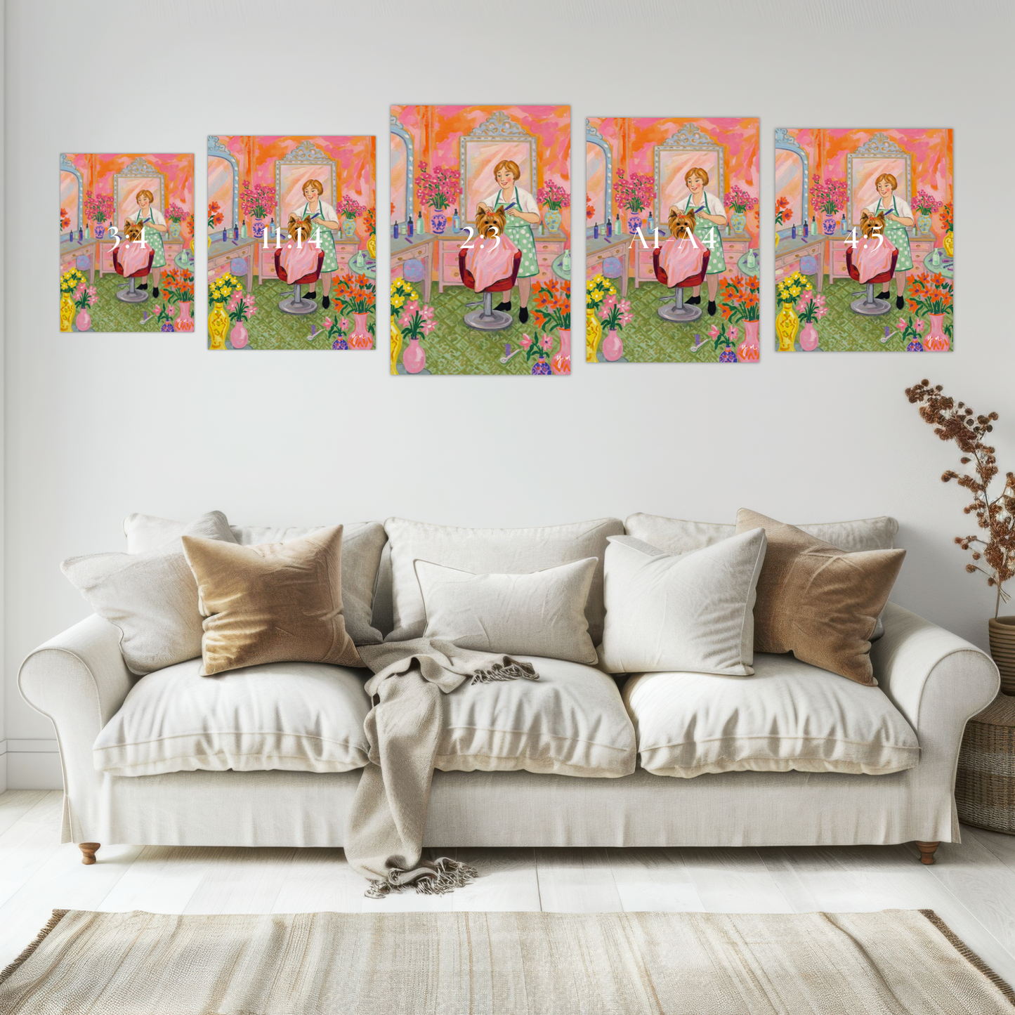 Yorkshire Terrier getting styled at hair salon vibrant pink and orange floral background cute dog art print wall decor Poster