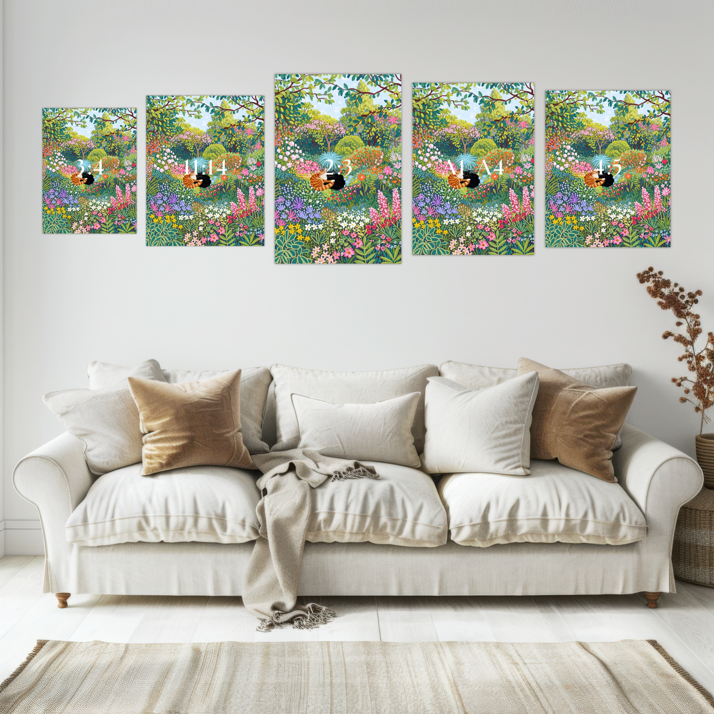 Botanical Flower Garden with Couple Cat Print Poster Plant Cat Print living room modern cat poster Vibrant Colorful Floral Art Watercolor Cat
