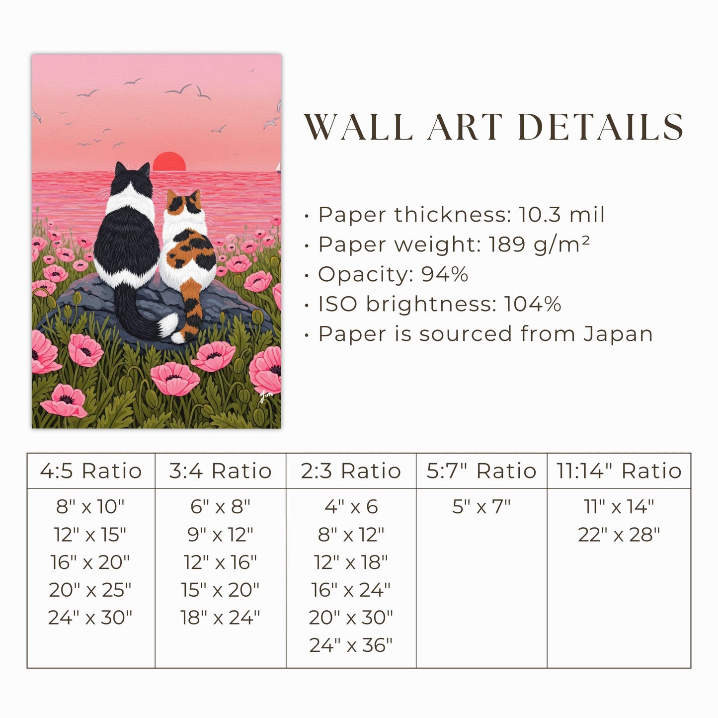 Cats Watching Sunset in Pink Flower Field by YunaMoona Cat Art Wall Decor Poster