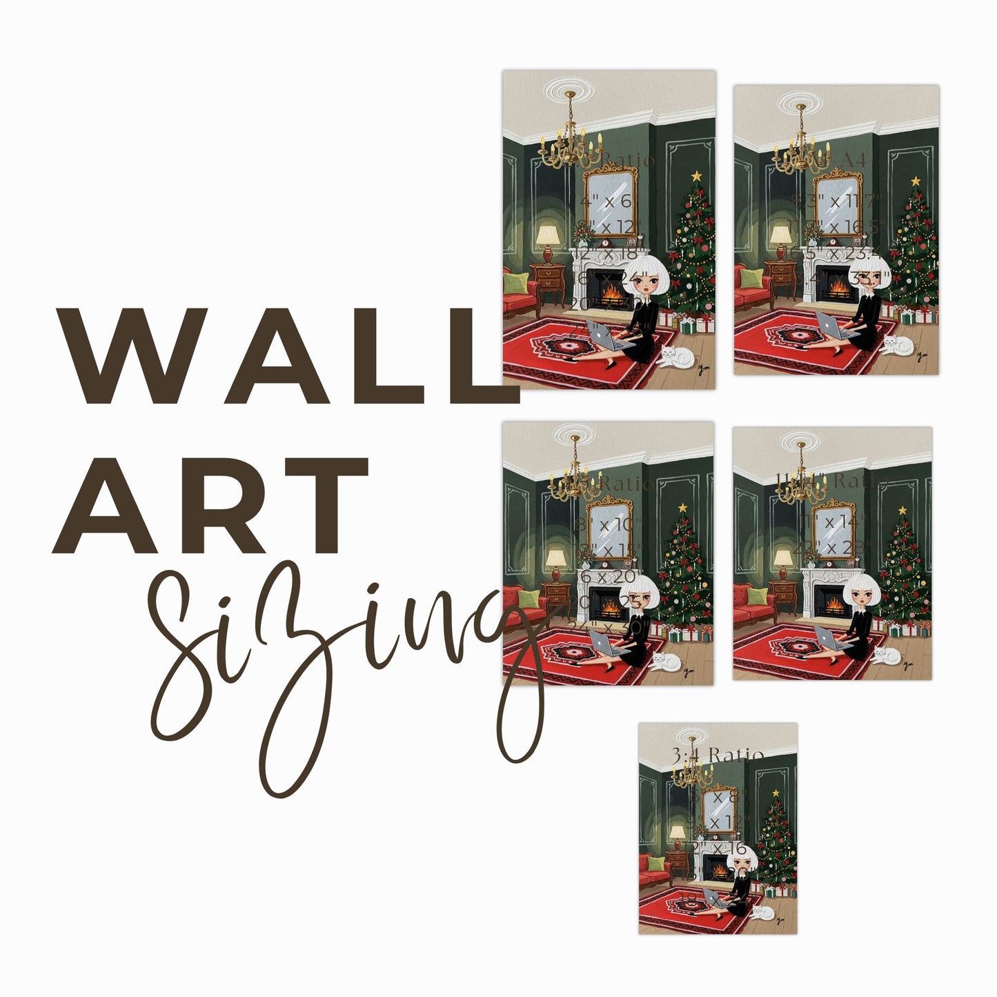 Elegant Christmas Interior Illustration with Woman Cat Fireplace and Festive Holiday Tree Art Print