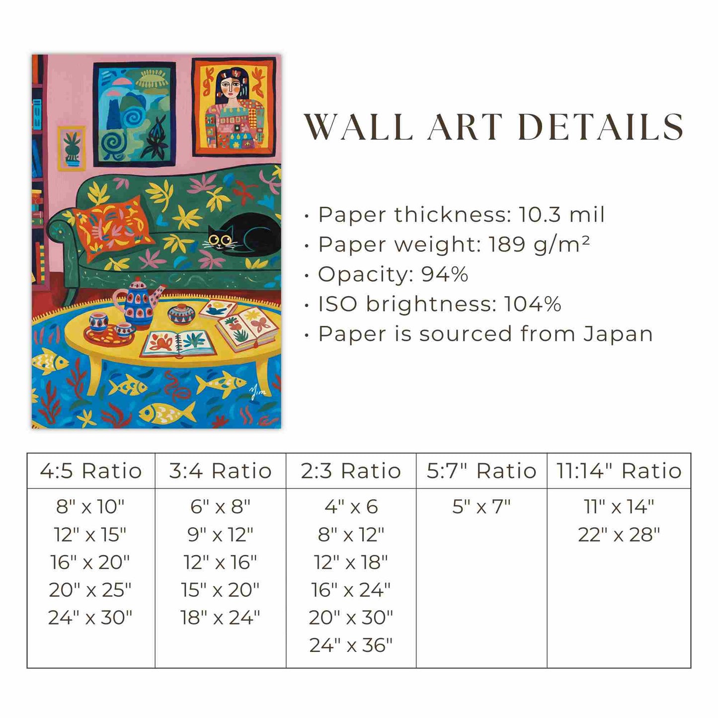 Colorful cozy living room art print with black cat whimsical bookshelf illustration vibrant home decor wall art poster