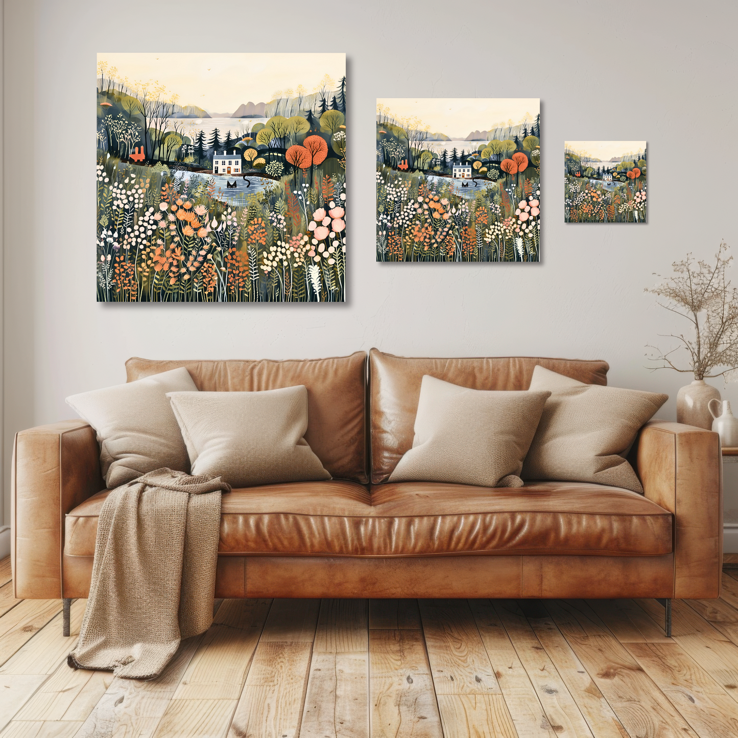 Black Cat in Pond with Summer Blooms Square Wall Art – Greenery Country Landscape Print Rare Farmhouse Floral Poster