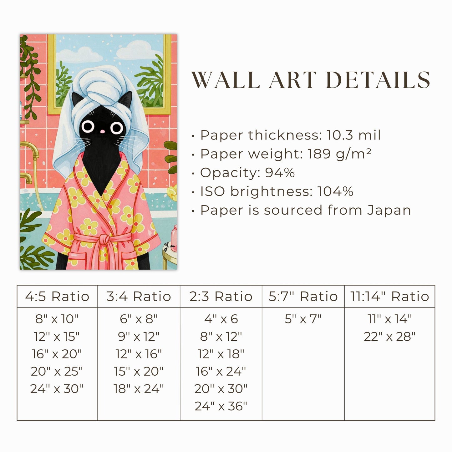 Black Cat in Flower Robe Bathroom Wall Art by YunaMoona Cute Whimsical Cat Illustration Poster