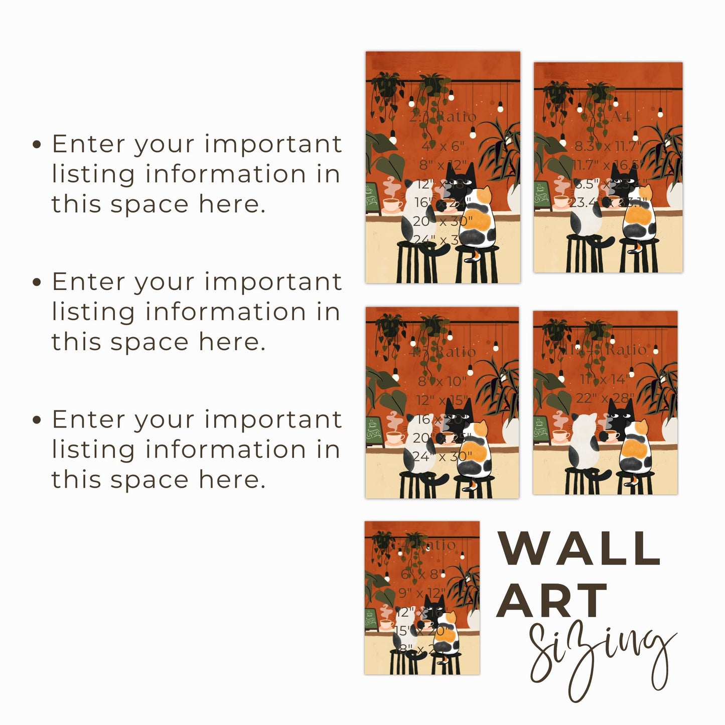 Cozy Cat Café Wall Art Print with Calico and Black Cats Drinking Coffee in Warm Autumn Colors Poster
