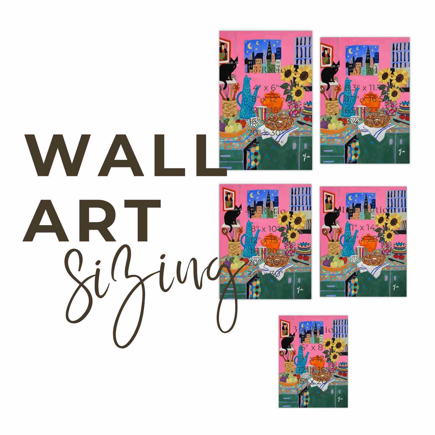 Colorful Whimsical Kitchen Art with Black Cat Sunflowers and Pastry by YunaMoona Poster