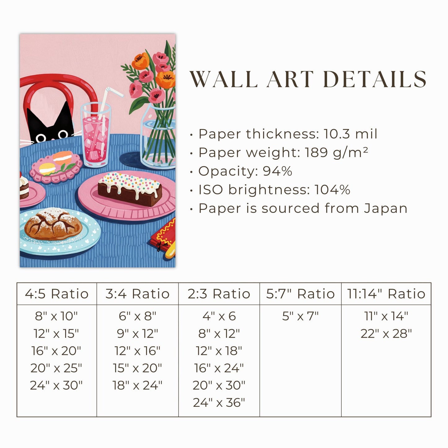 Curious Cat Dessert Table Art Print – Whimsical Sweets and Floral Illustration Poster