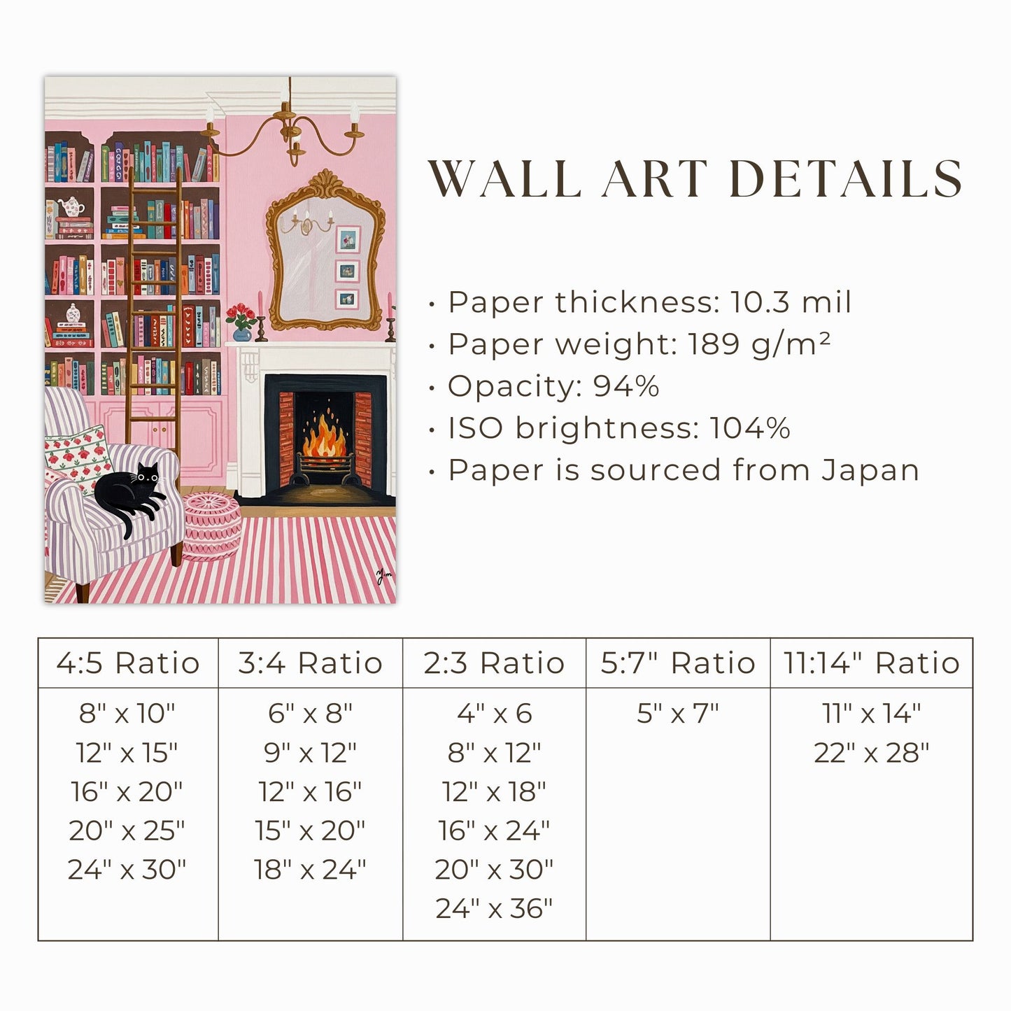 Cozy Pink Reading Room Illustration with Black Cat and Fireplace Poster