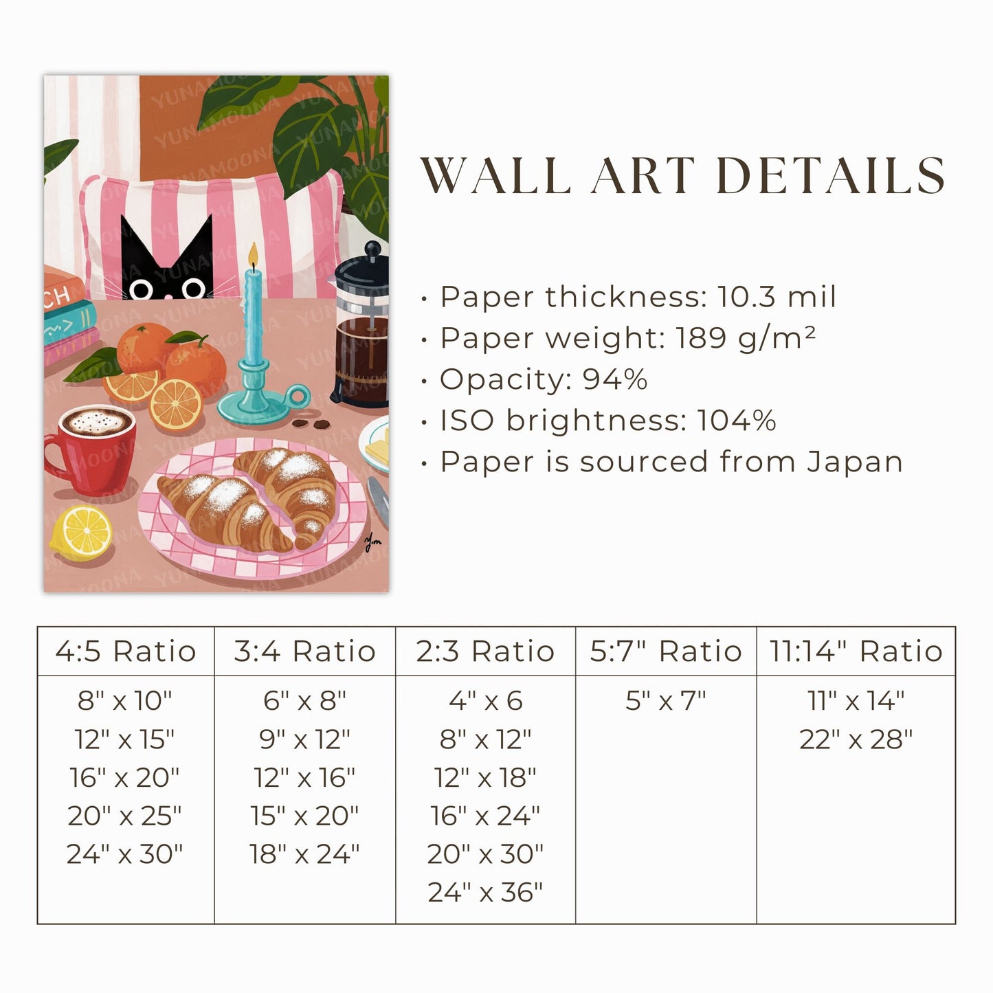 Cozy Cat Brunch Art Print with Croissants Coffee and Candle Kitchen Wall Decor by Yunamoona
