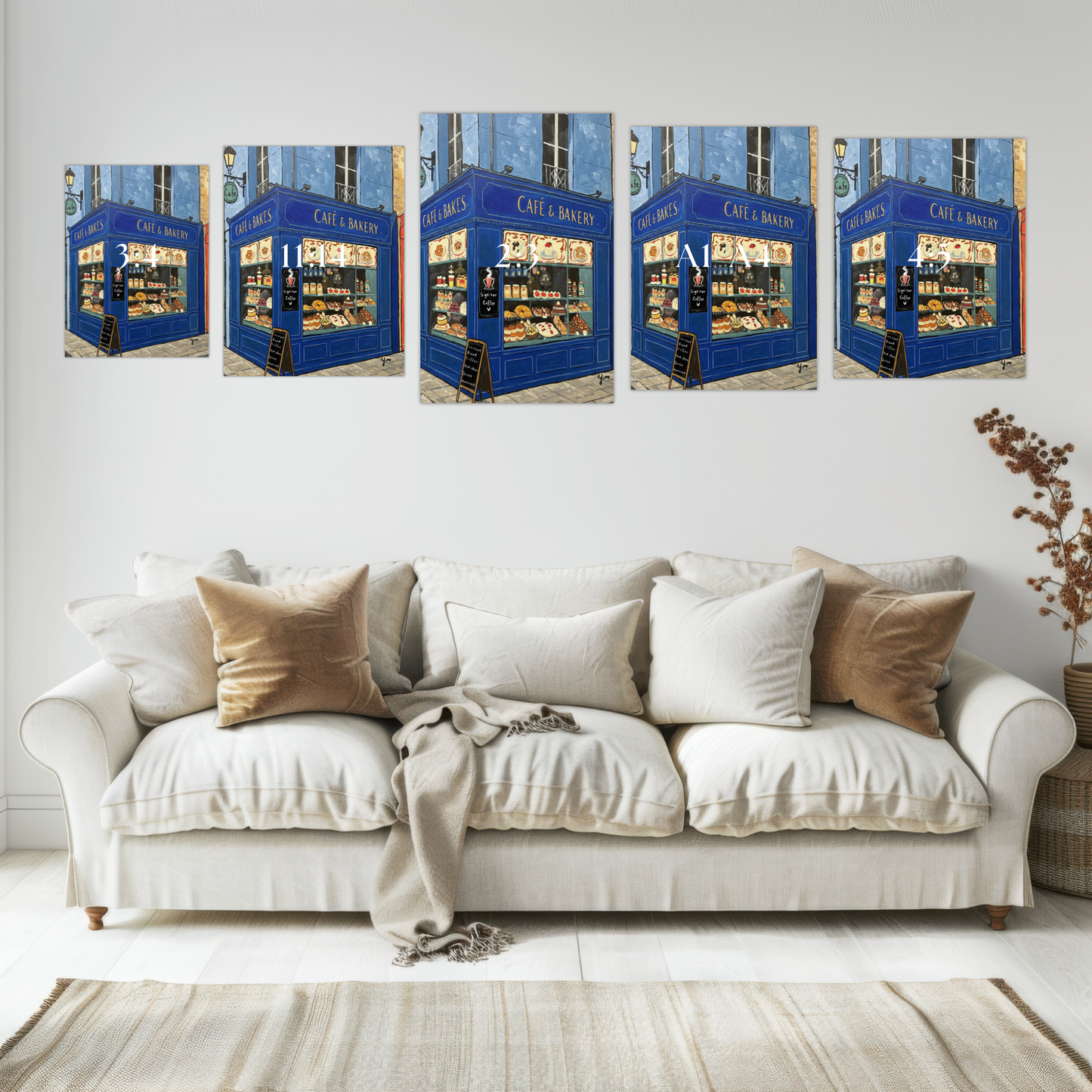 Charming Blue Café and Bakery Art Print Whimsical Parisian Street Illustration with Bread and Pastries for Kitchen Decor by YunaMoona