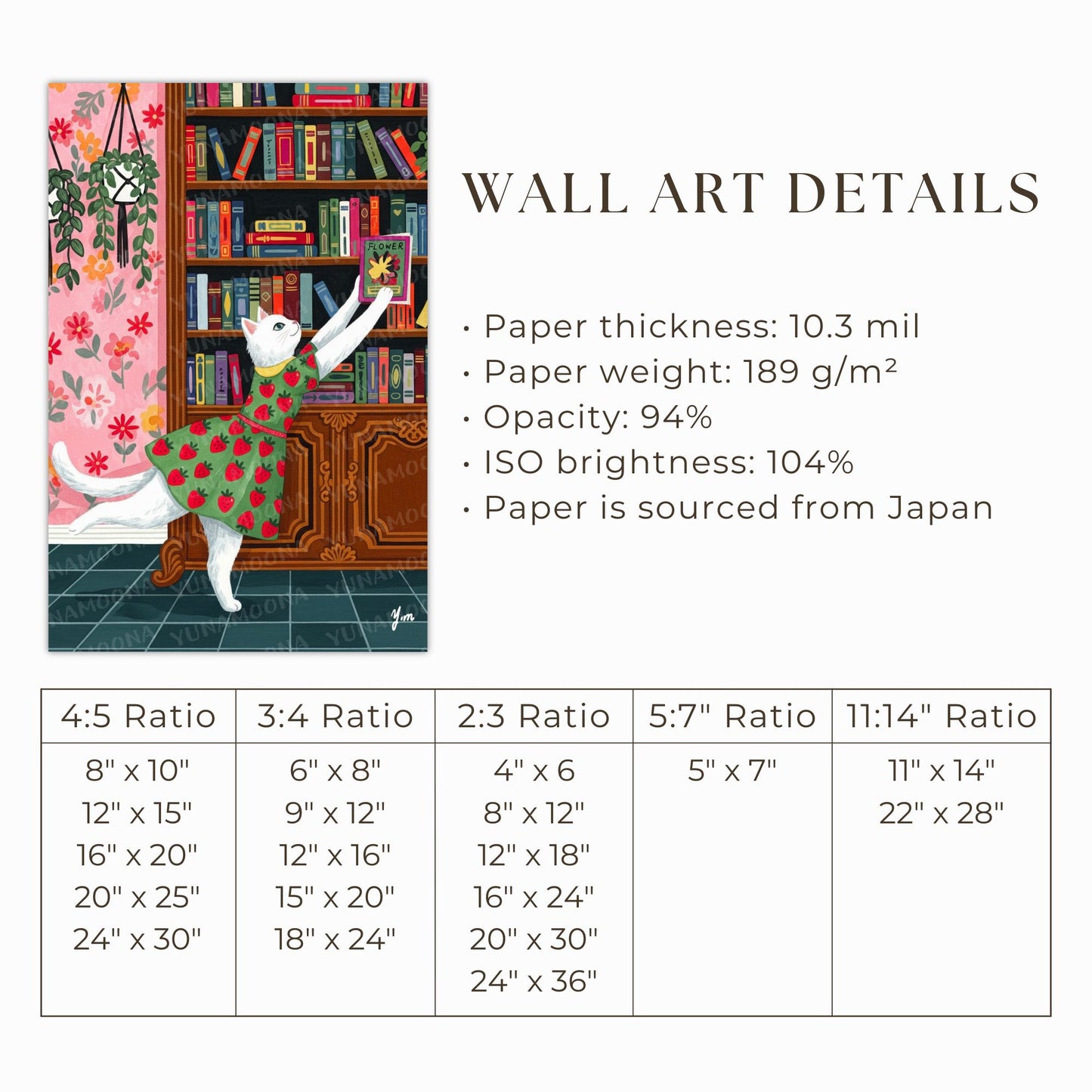 Cat Art Print White Cat in Strawberry Dress Reaching for Books Whimsical Library Wall Decor