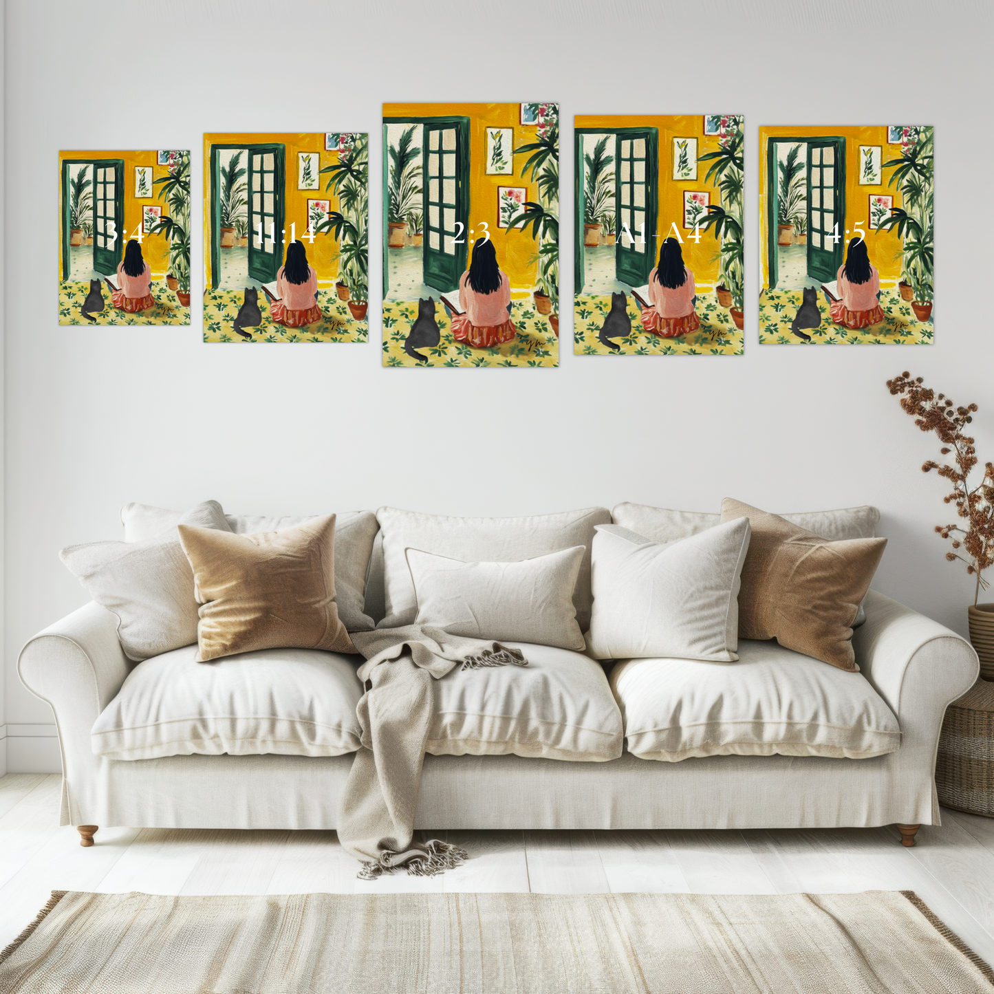 Crazy Cat Lady Art Print Poster Kitty Illustration Leaf Fig Plant Wall Art Colorful Poster Cat in Open Door Henri Matisse inspired wall art