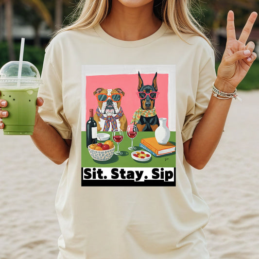 Dog Lovers' Sit Stay Sip T-Shirt Sit Stay Sip Dog lover Wine T Shirt Funny Pet Owner Gift Drinking Shirt for Women Men Cute Dog and Wine Tee Casual Unisex Graphic Top Casual Tee Gift for Pet Owners Dog Themed Apparel Funny Dog Shirt Summer Fashion