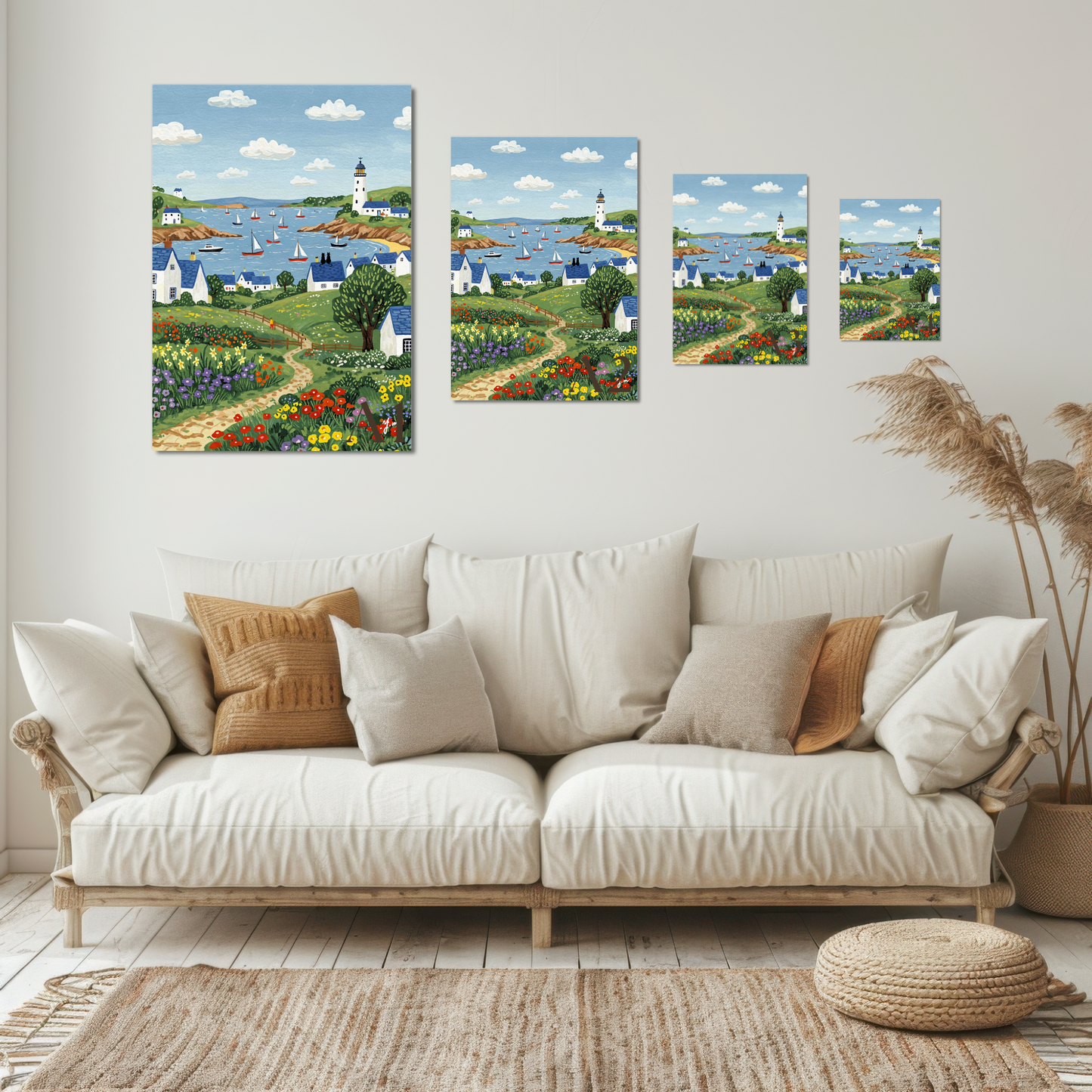 Couple Cat on the Roof Countryside Ocean Landscape Painting Countryside Sea Lighthouse Handdrawn Coastal Wildflower Field Beach Illustration