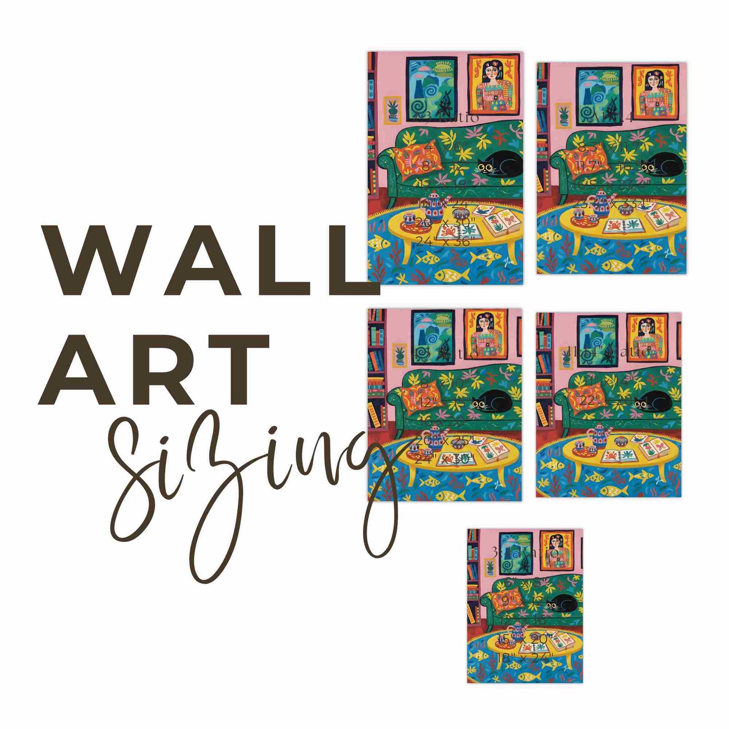 Colorful cozy living room art print with black cat whimsical bookshelf illustration vibrant home decor wall art poster